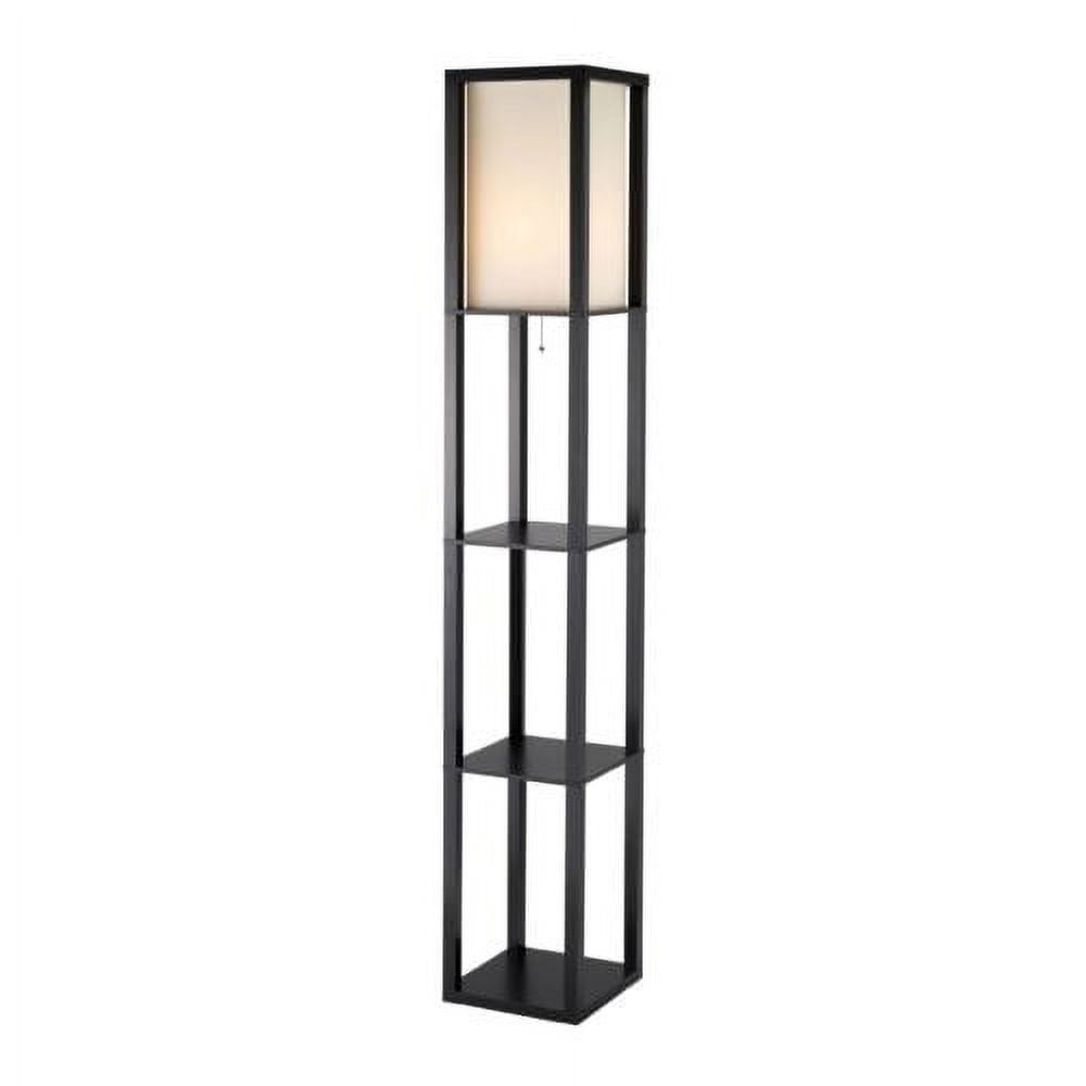 Sleek Black Wood Column Floor Lamp with Storage Shelves