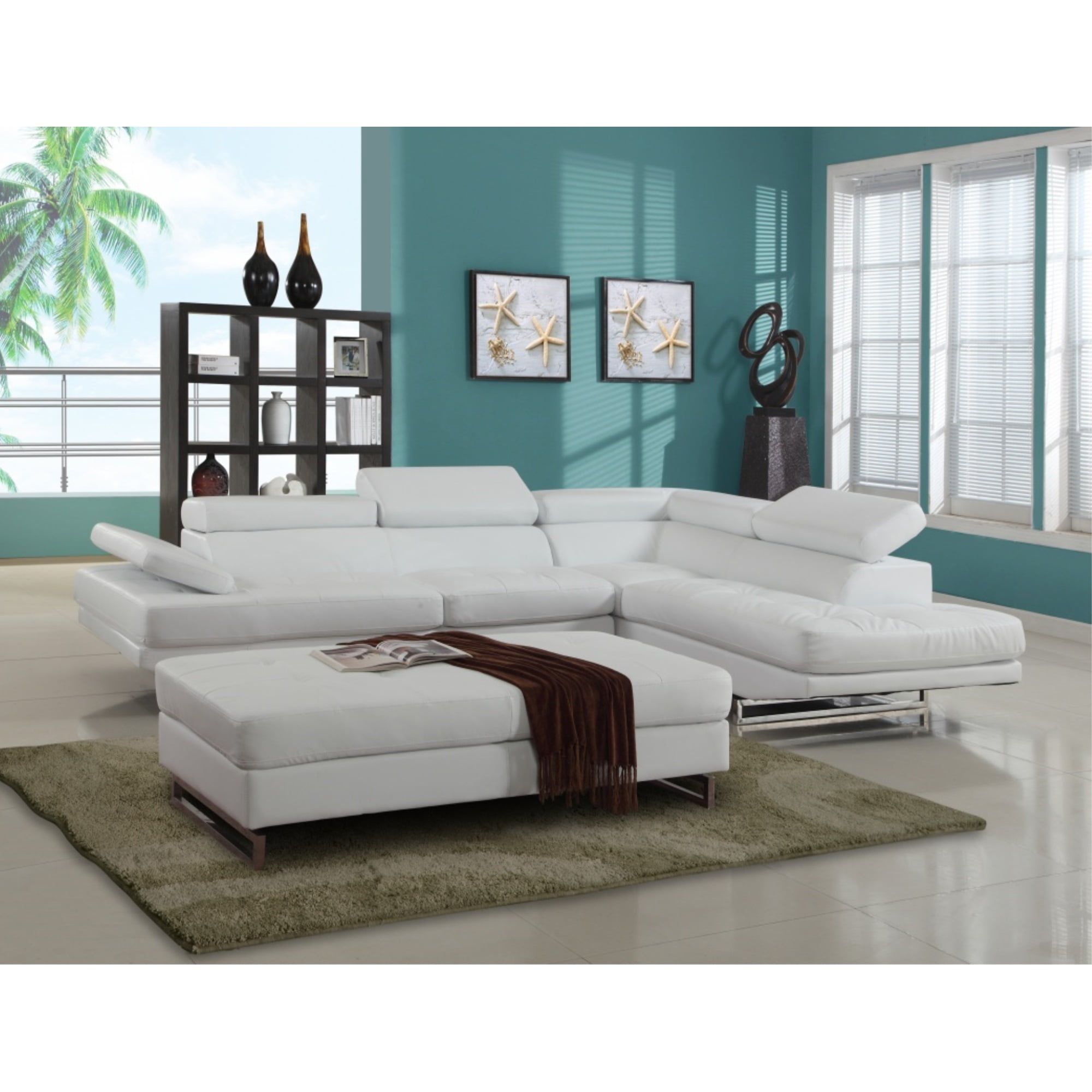 Elegant 124'' x 94'' White Faux Leather Tufted Sectional Sofa