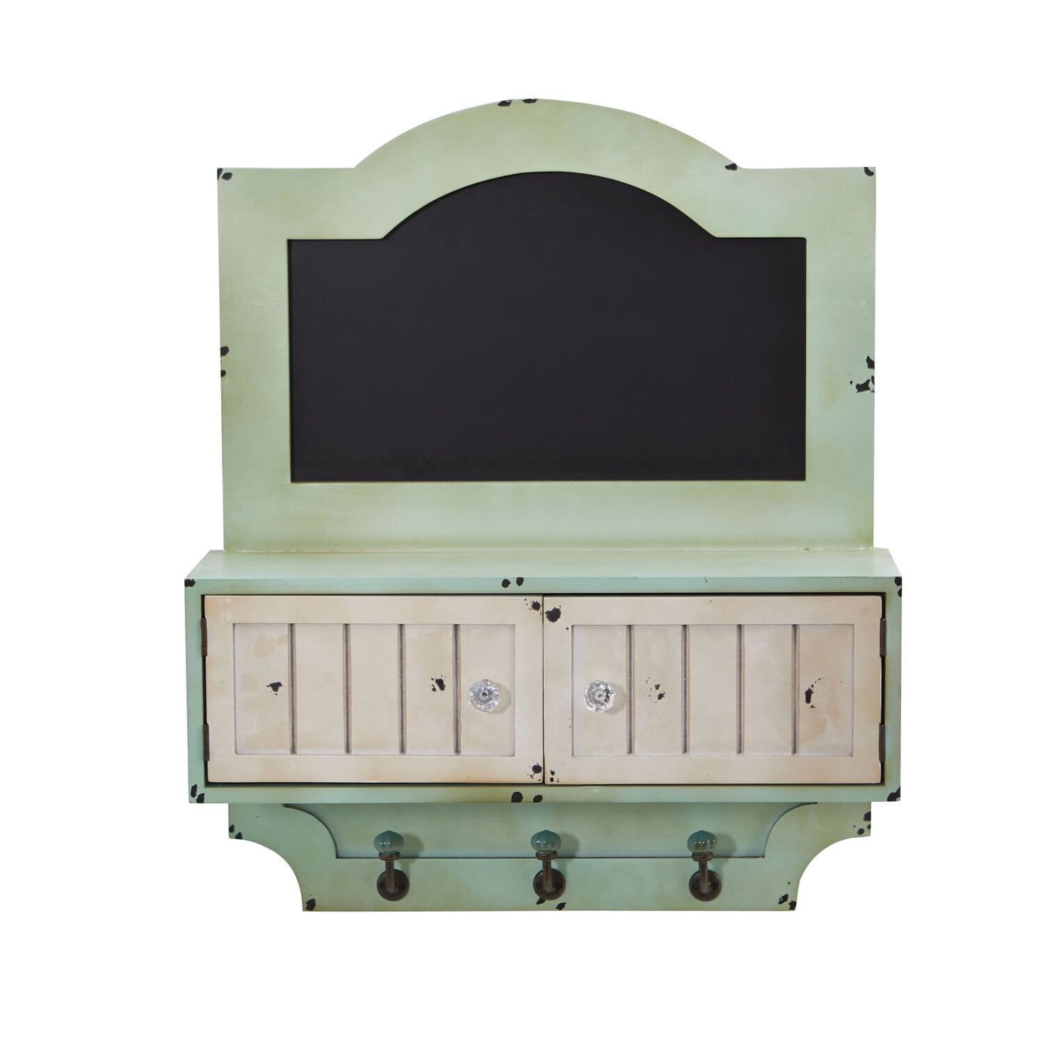 Vintage Light Green Chalkboard Wall Organizer with Hooks and Doors