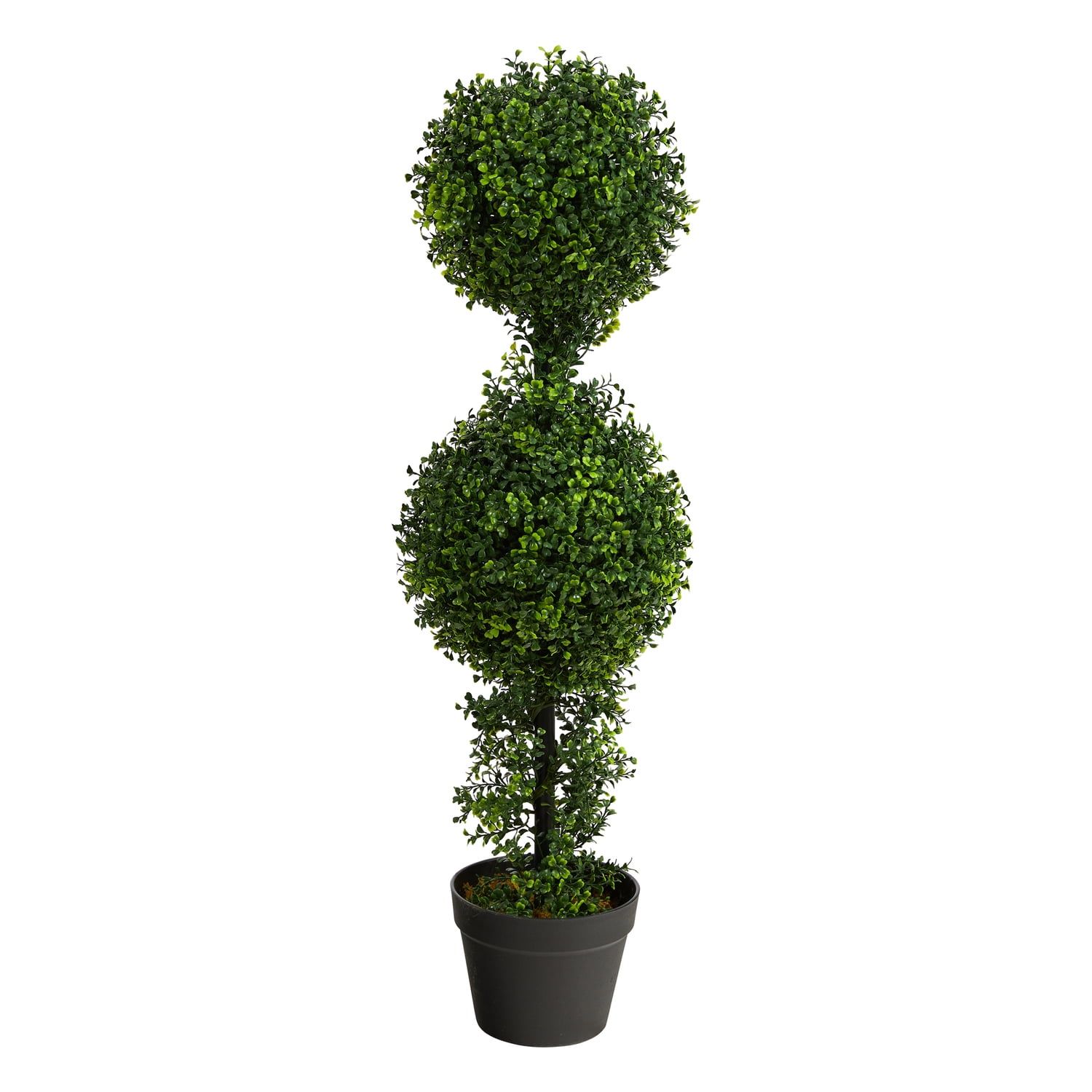 34" Green Faux Boxwood Double Ball Topiary in Black Planter