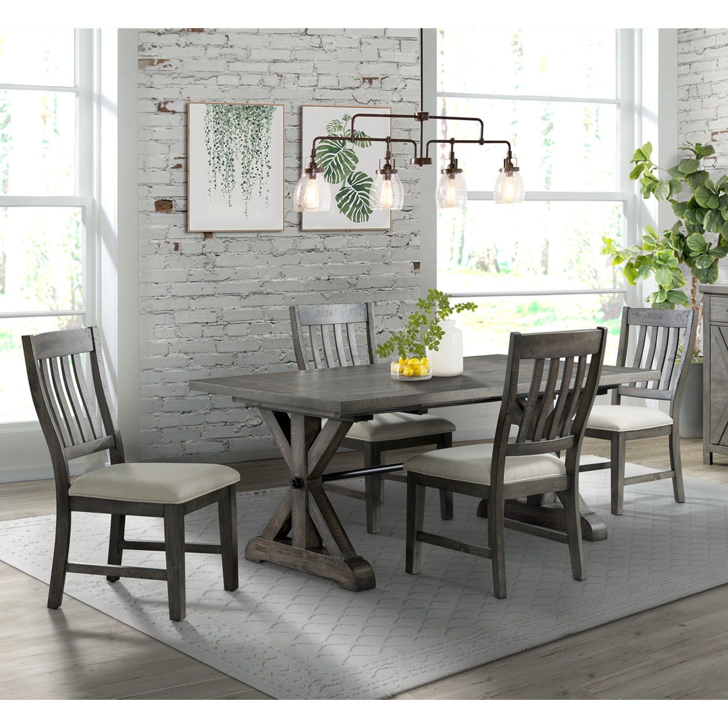 Distressed Gray Wood 5-Piece Dining Set with Upholstered Chairs