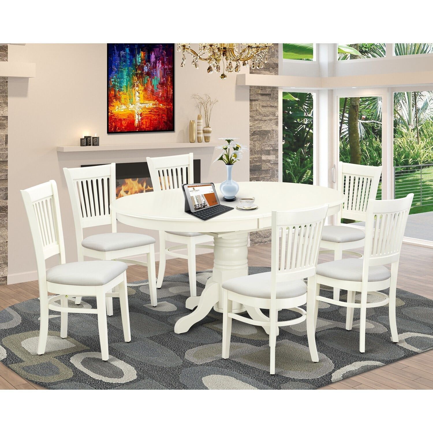 Linen White 7-Piece Oval Dining Table Set with Slatted Back Chairs