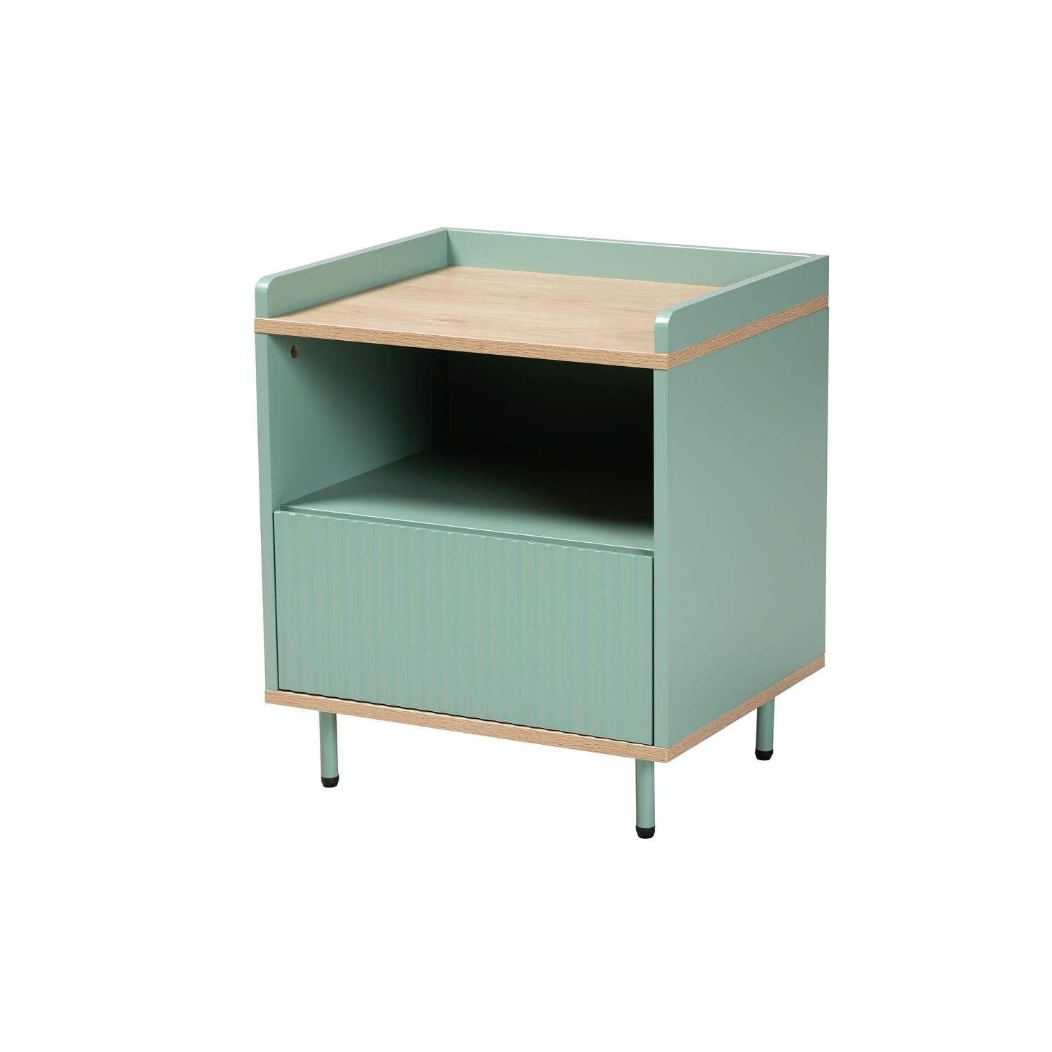 Mid-Century Modern Two-Tone Mint Green and Oak Brown Wood End Table with Storage