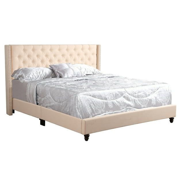 King Beige Faux Leather Upholstered Bed with Tufted Headboard