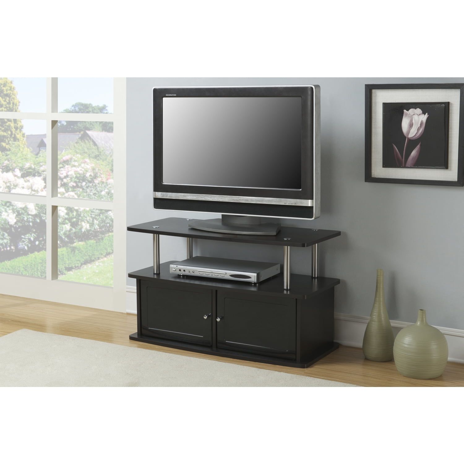 Espresso 36" TV Stand with Cabinet and Stainless Steel Poles