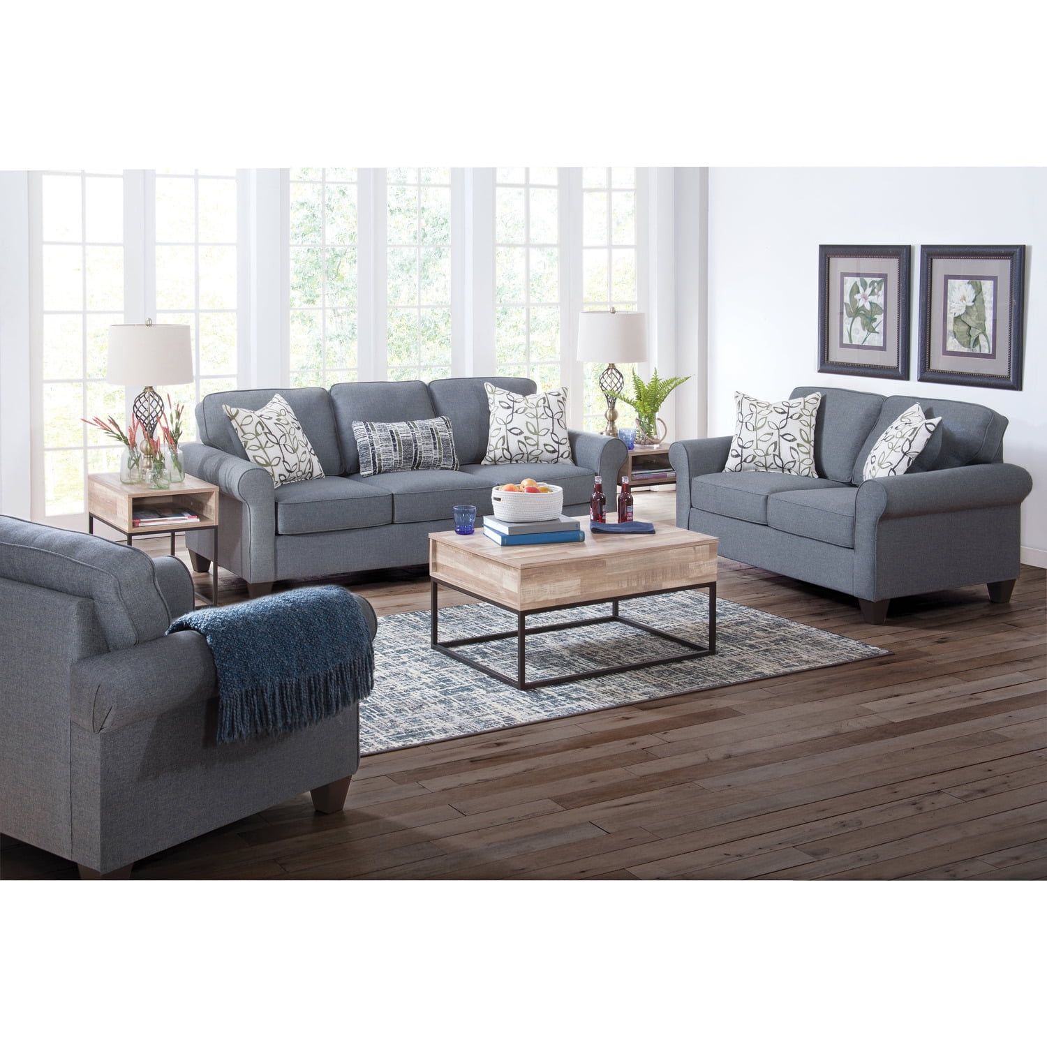 Classic Cottage Blue Fabric Sofa with Rolled Arms and Pillows