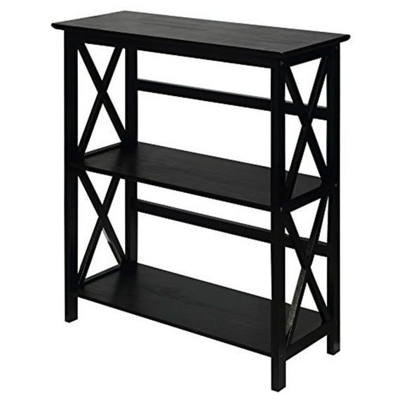 Modern Black Solid Wood 3-Shelf Bookcase with X-Design Doors