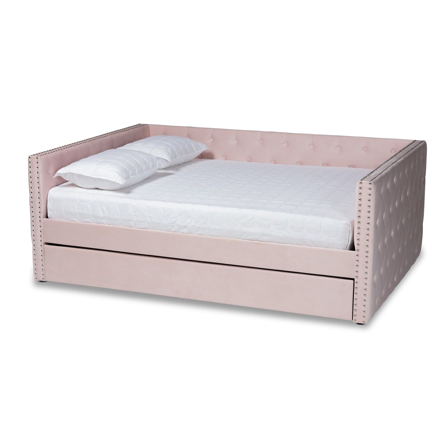 Pink Velvet Upholstered Queen Daybed with Trundle and Tufted Design