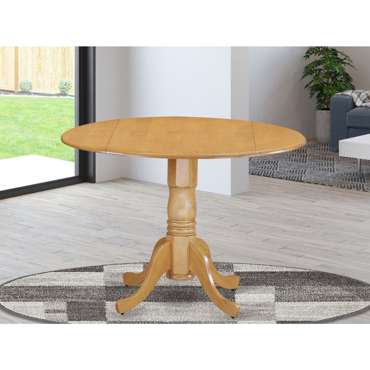 Oak Finish Round Extendable Wood Dining Table