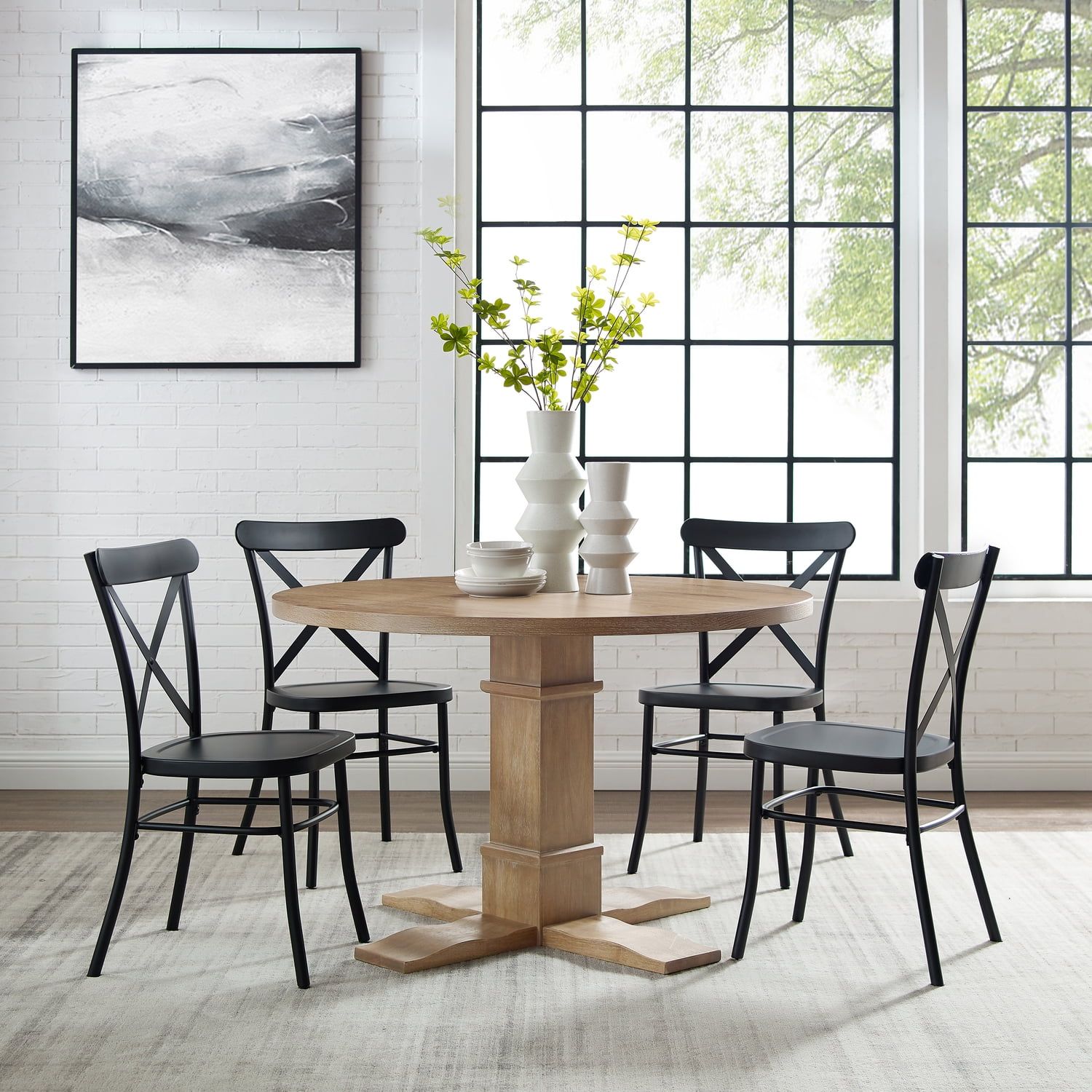 Rustic Brown and Matte Black 5-Piece Round Dining Set with Camille Chairs