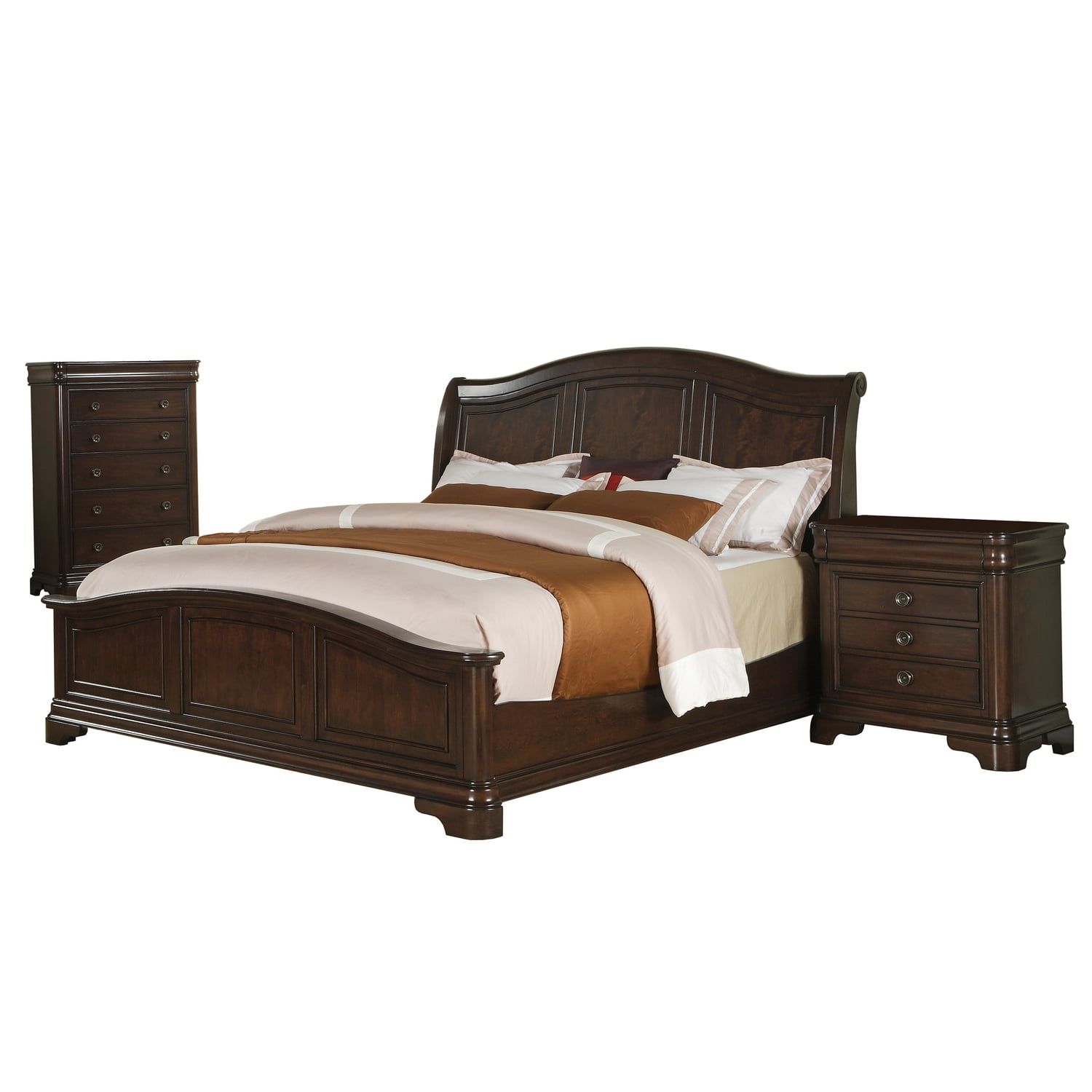 King Size Dark Brown Cherry Wood Panel Bedroom Set