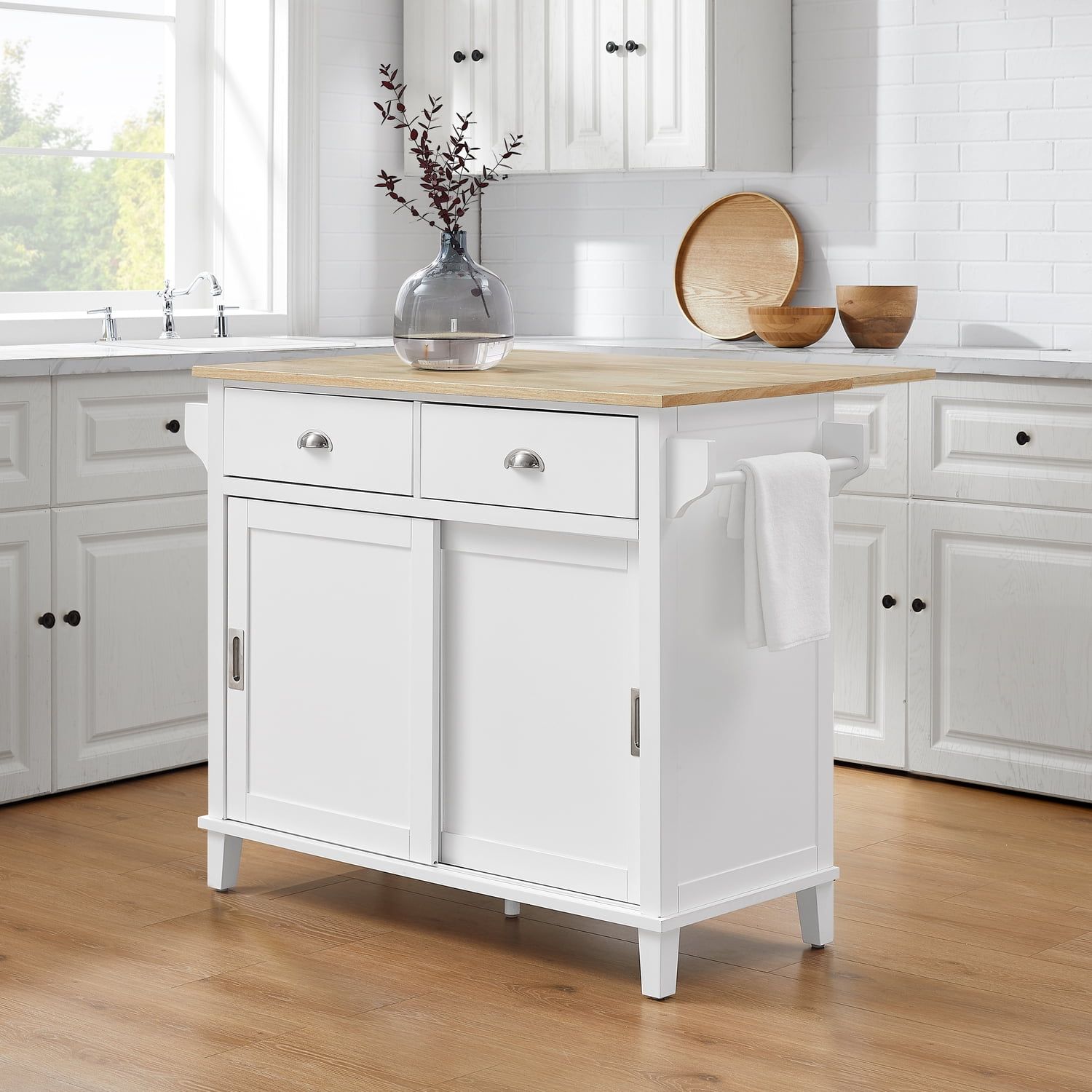 White and Natural Drop Leaf Kitchen Island with Storage