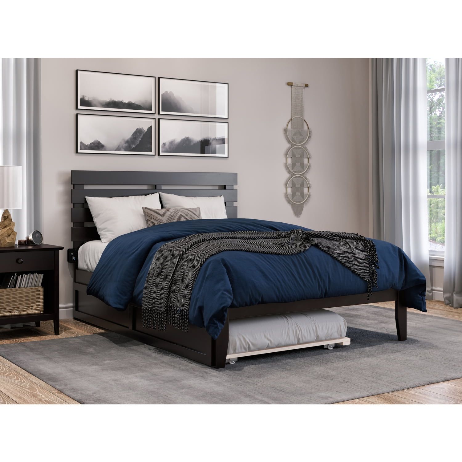 Espresso Full Wood Platform Bed with Trundle and Headboard