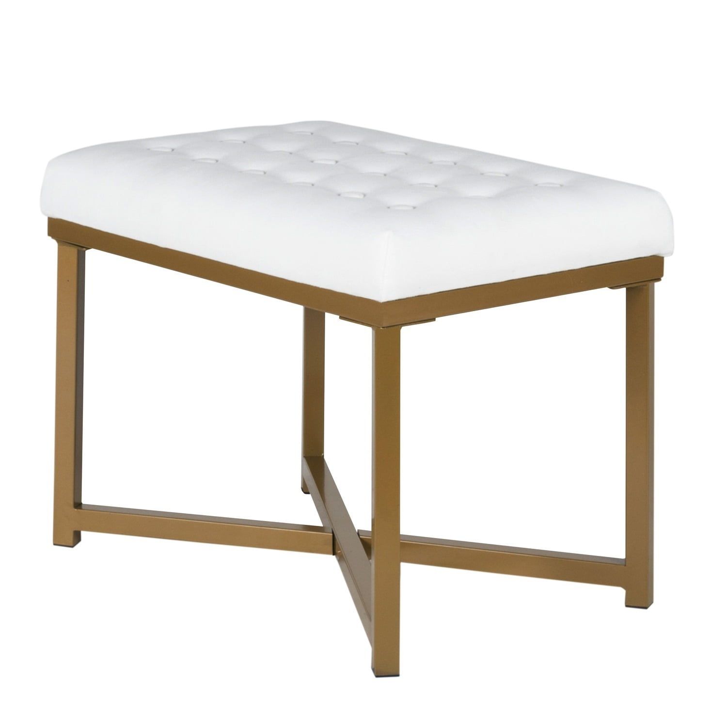 White and Gold Velvet Upholstered Bench with Metal Frame