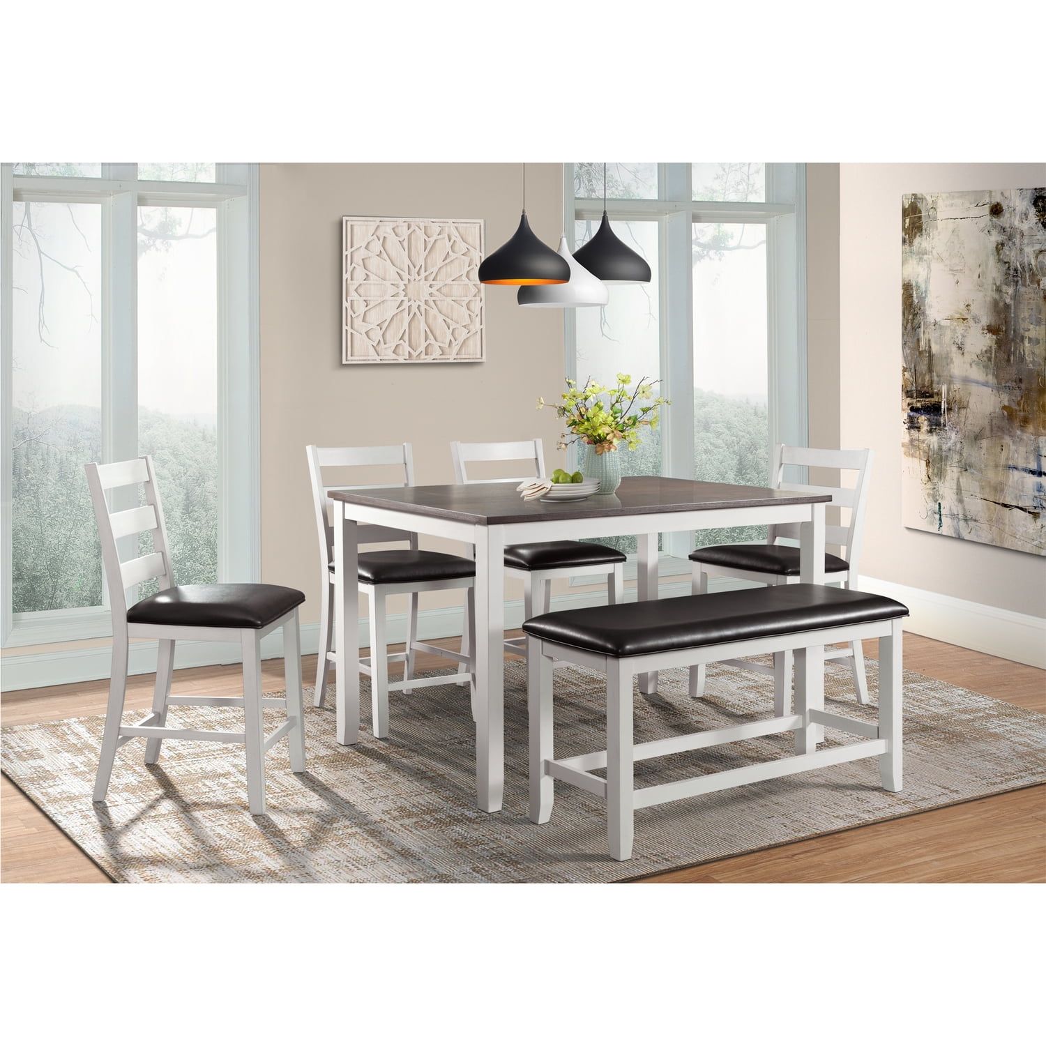 Rustic Brown and White Counter Height Dining Set with Bench