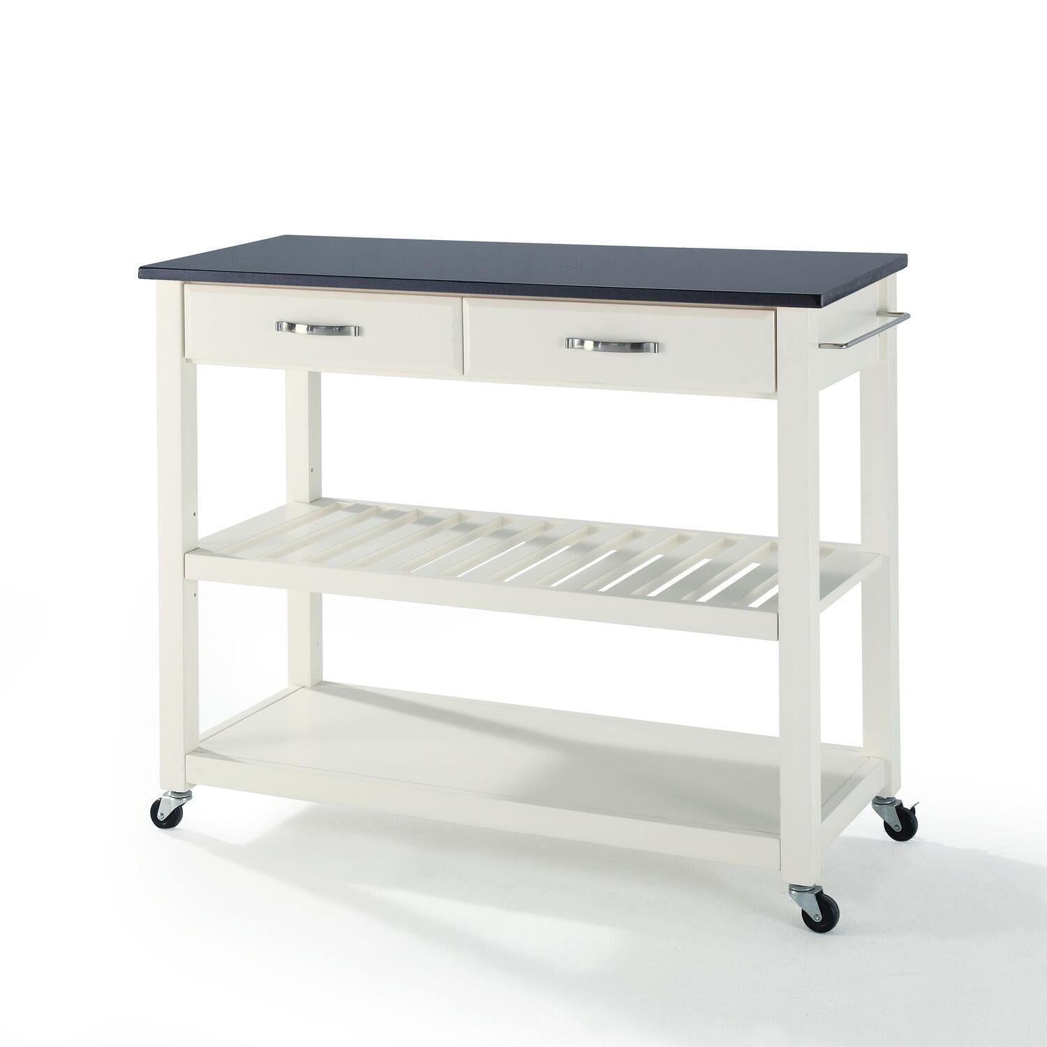 White Granite Top Kitchen Cart with Wine Rack and Storage