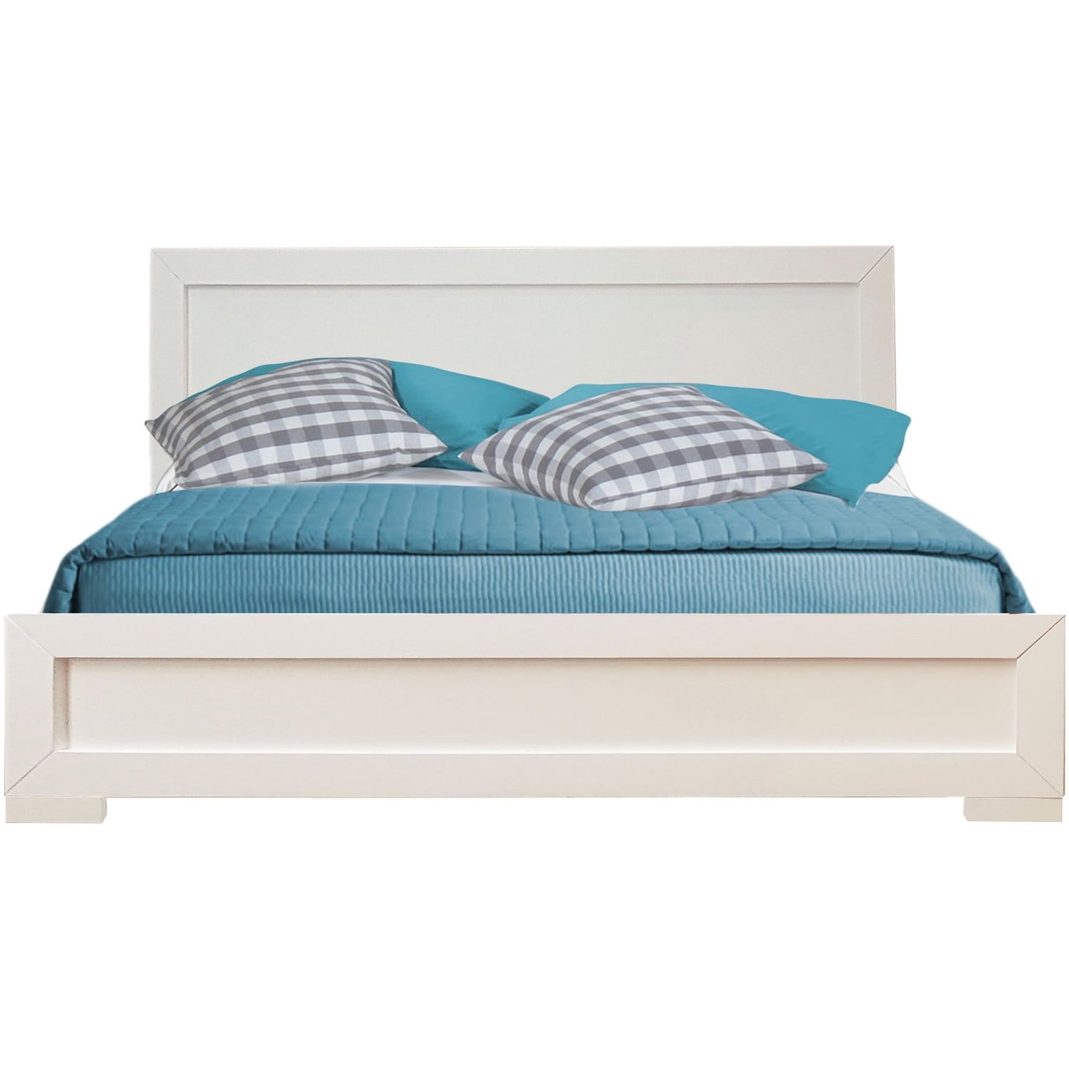 White Queen Size Wooden Platform Bed with Headboard and Slats