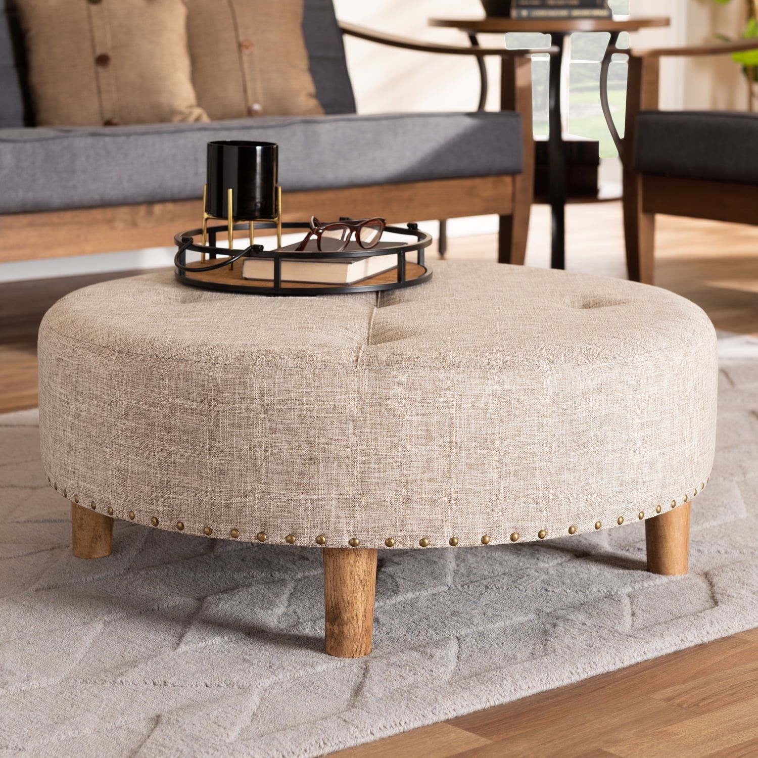 Beige Tufted Fabric Upholstered Wood Cocktail Ottoman