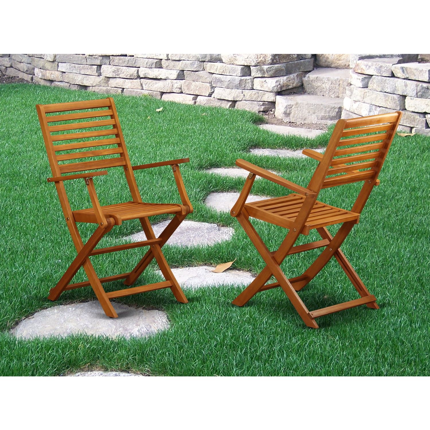 Acacia Wood Folding Patio Dining Chairs with Arm Rest, Set of 2