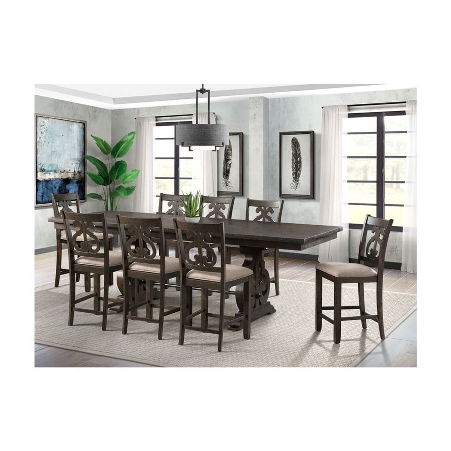 Stanford Smokey Walnut 9-Piece Counter Height Dining Set with Swirl Back Chairs