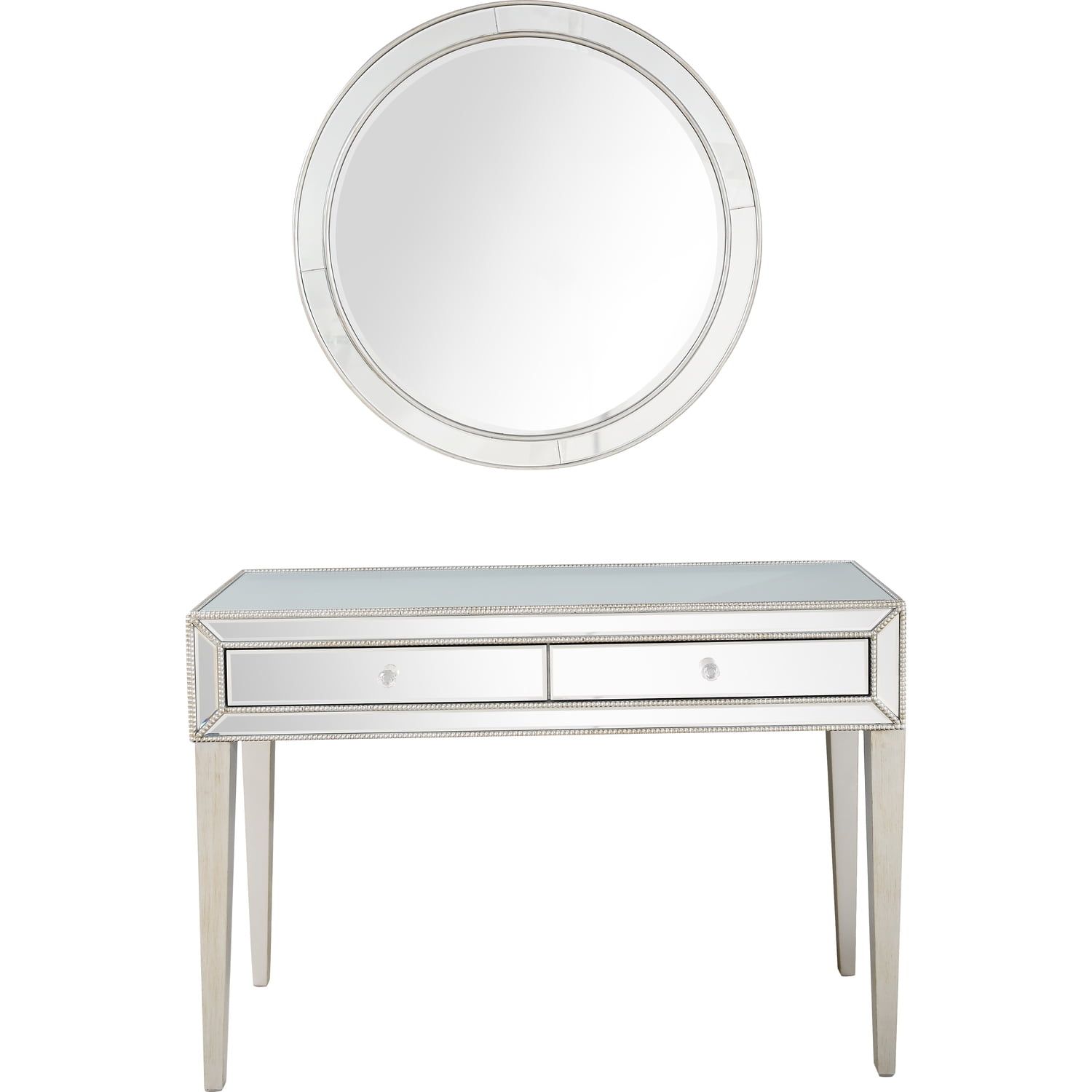 Silver Mirrored Console Table with Round Accent Mirror