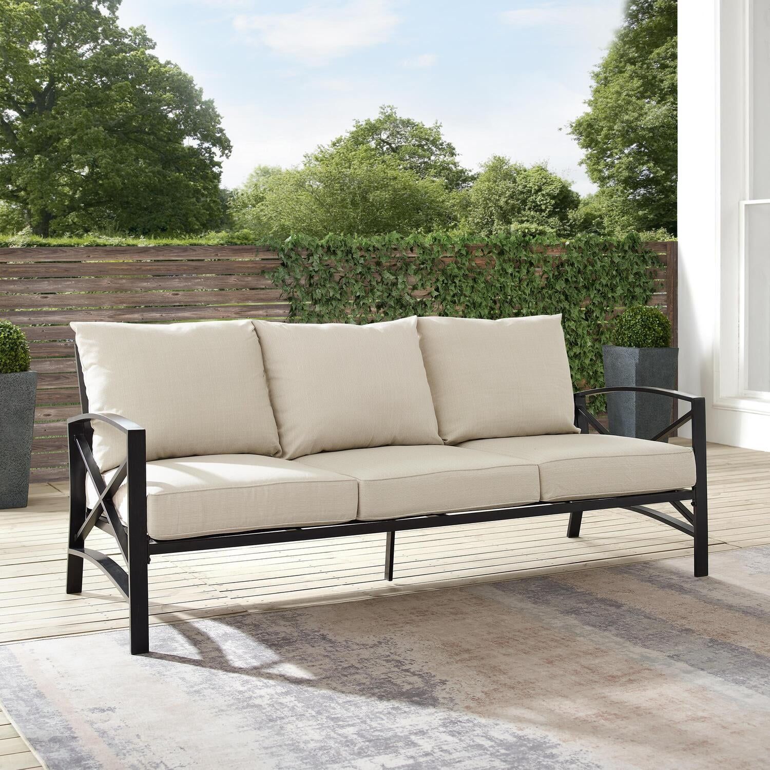 Oatmeal Cushioned Black Metal Three-Seat Outdoor Sofa