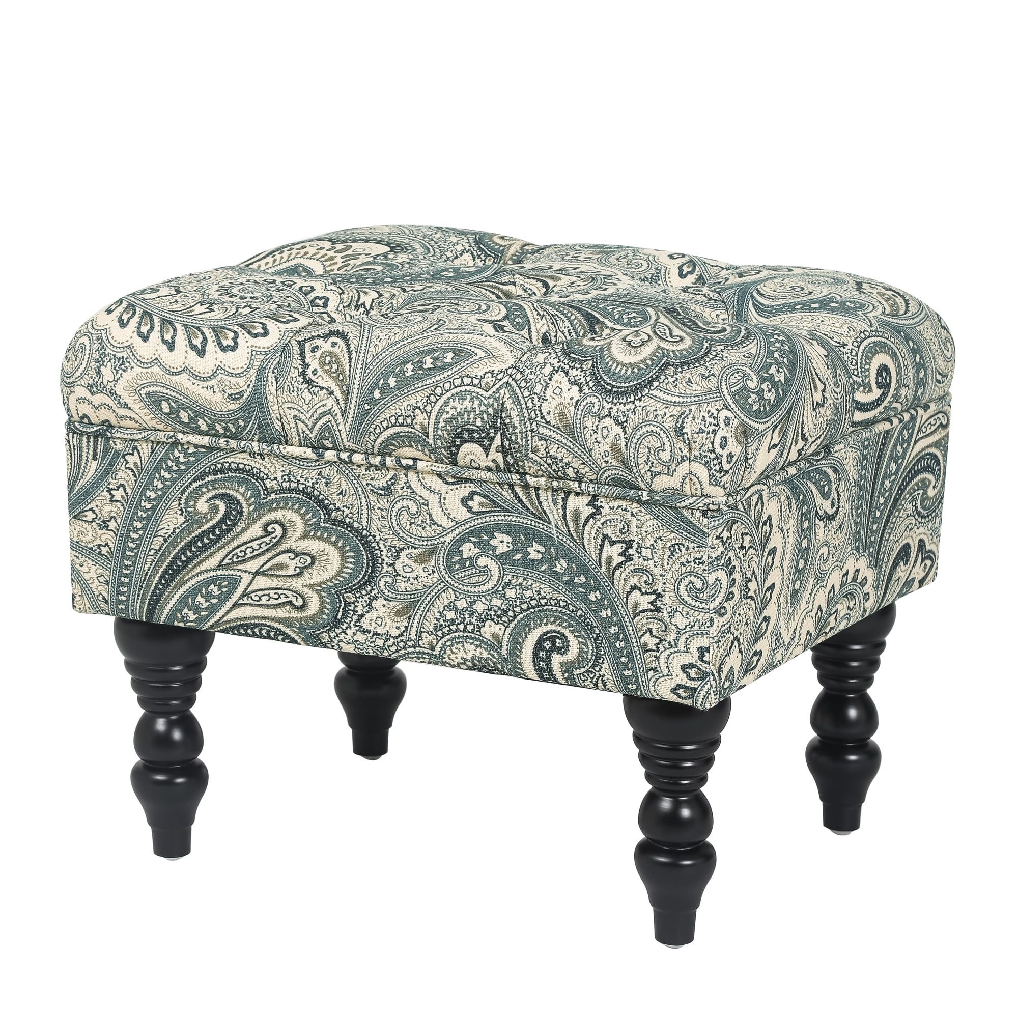 Paisley Patterned Blue and Beige Tufted Ottoman with Black Wood Legs