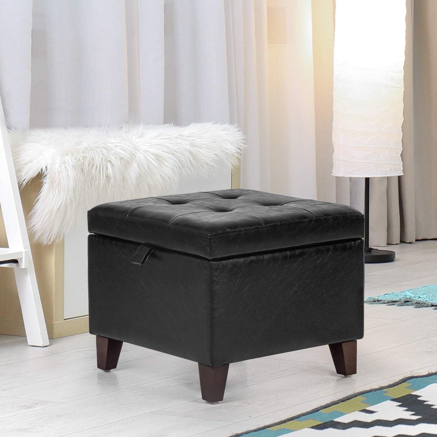 Black Faux Leather Square Storage Ottoman with Wood Legs