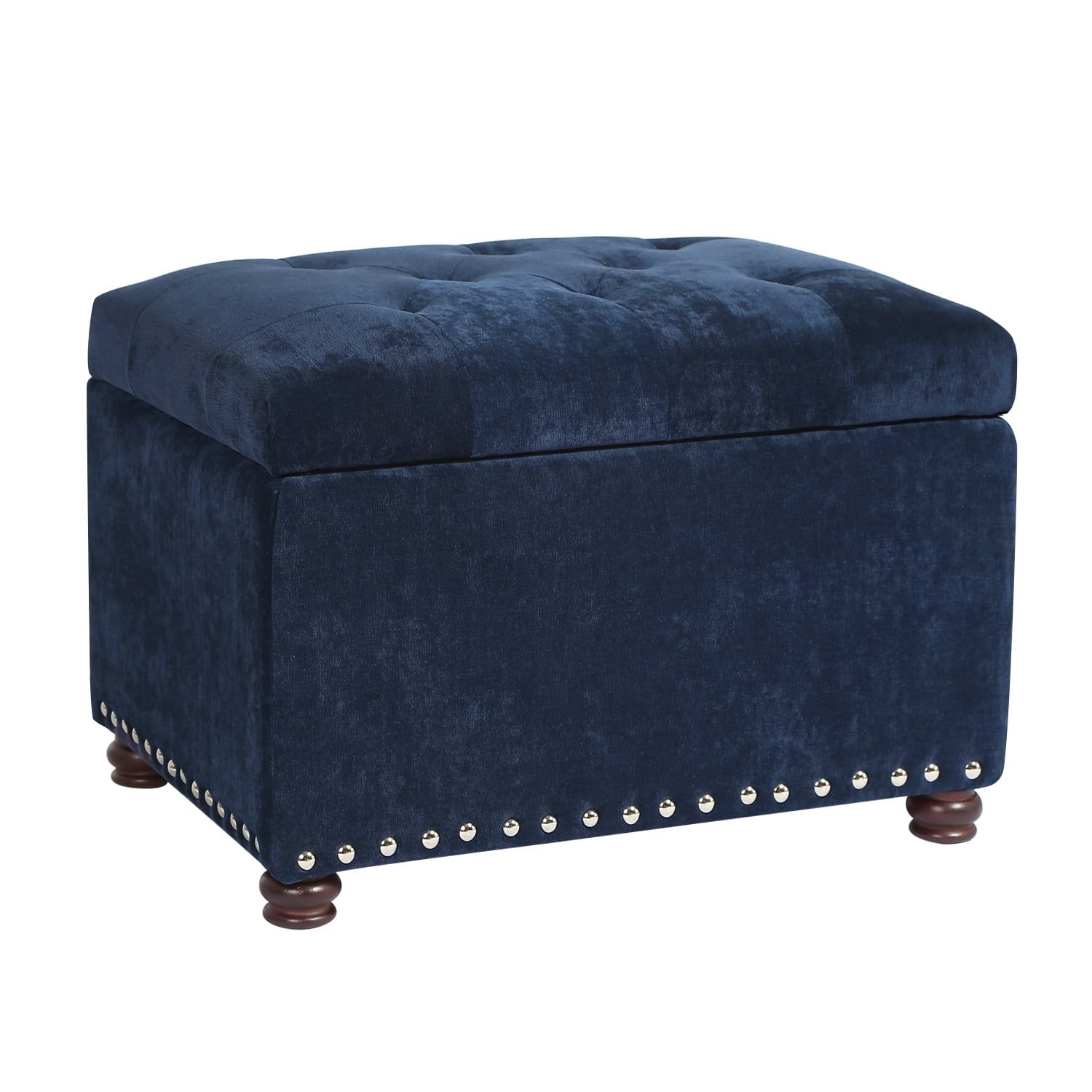 Dark Blue Cotton Upholstered Folding Storage Ottoman Bench