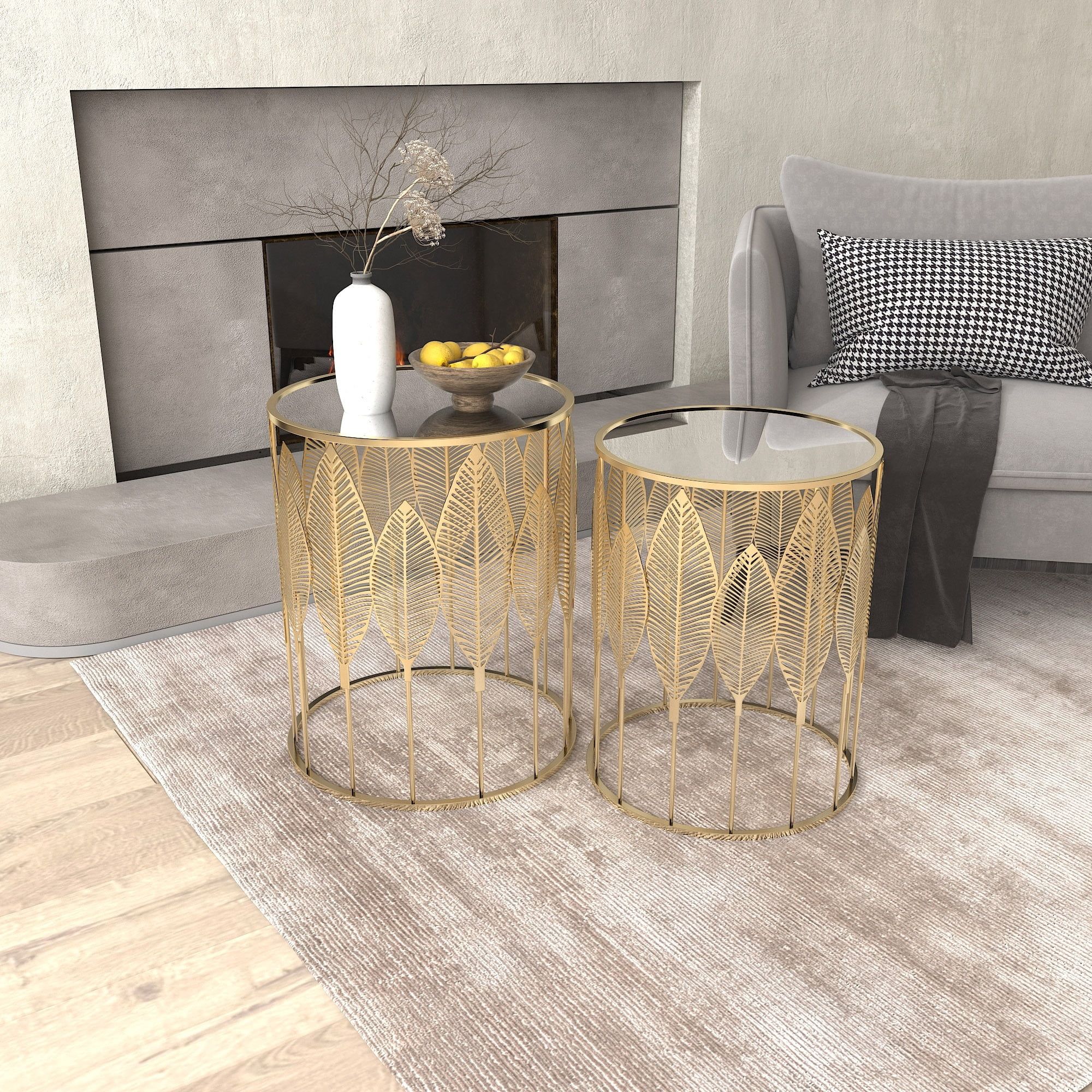 Gold Leaf Round Metal Nesting Side Tables with Stainless Steel Top