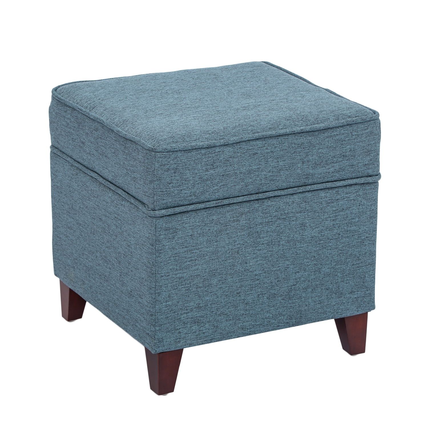 Blue Faux Linen Upholstered Square Storage Ottoman with Wood Legs