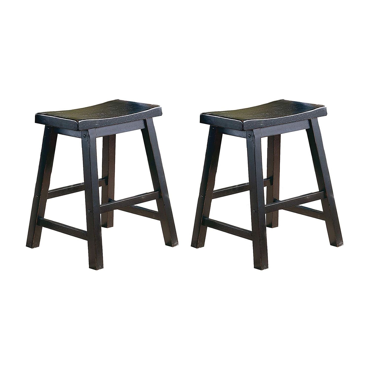 Black Solid Wood Backless Saddle Counter Stools, Set of 2