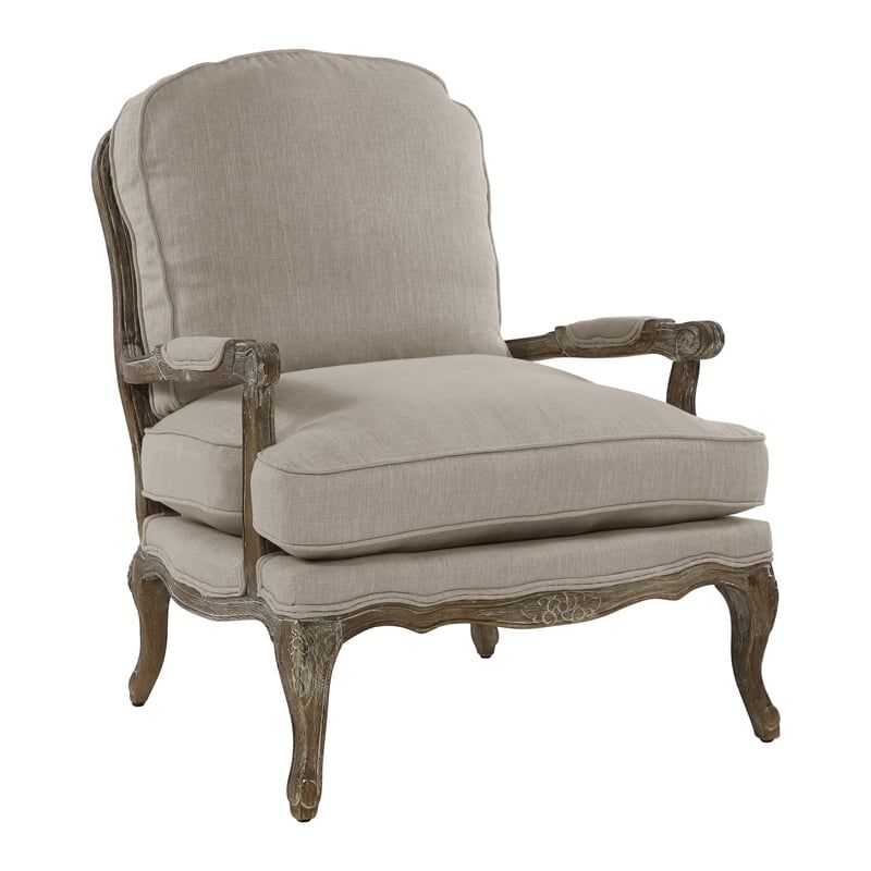 Natural Linen and Wood Accent Chair with Carved Details