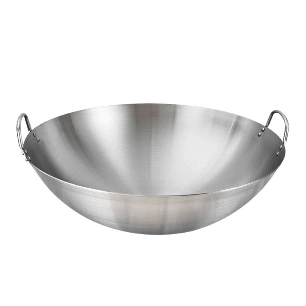 Silver Stainless Steel Double Handle Flat Bottom Wok