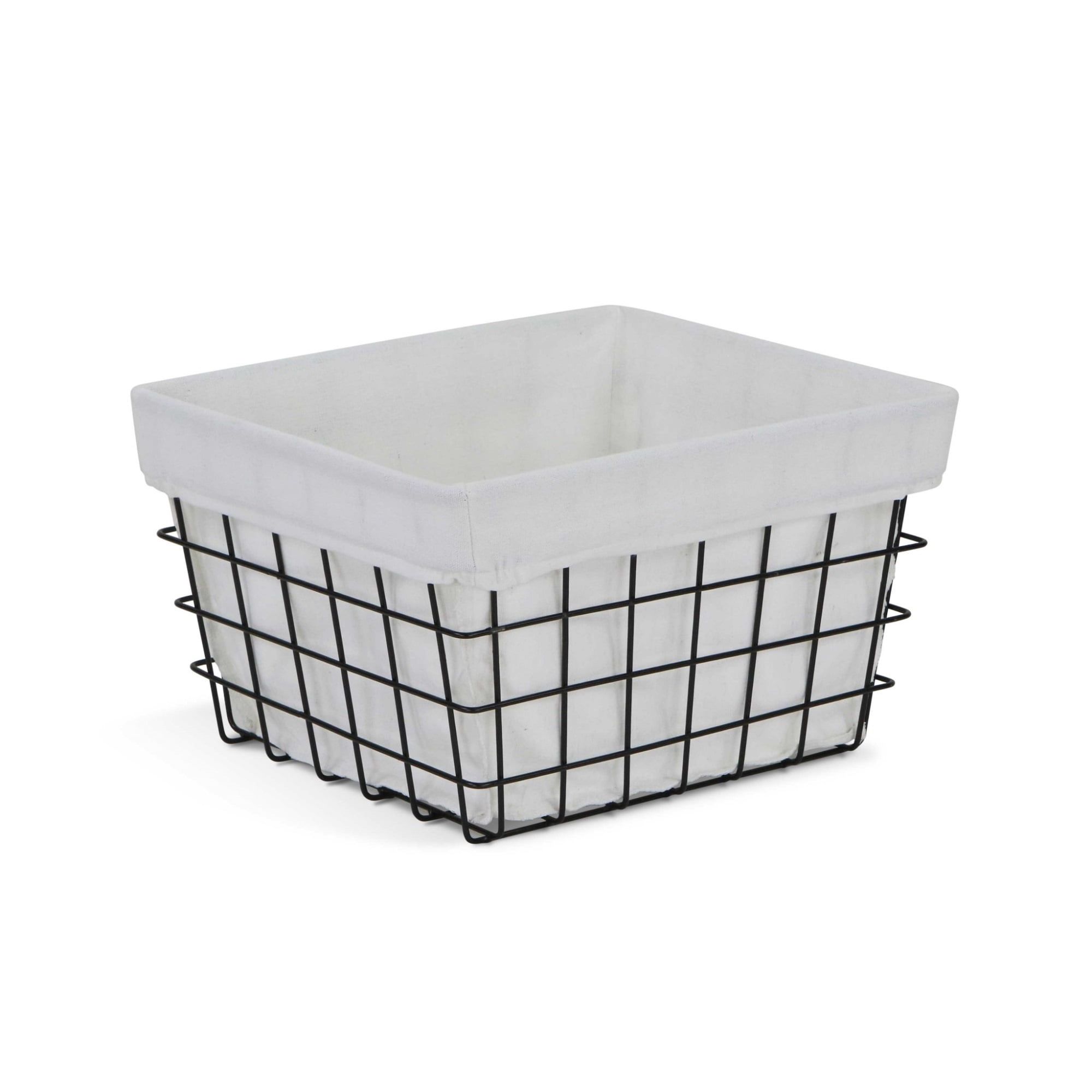 Contemporary White Linen-Lined Rectangular Metal Wire Basket