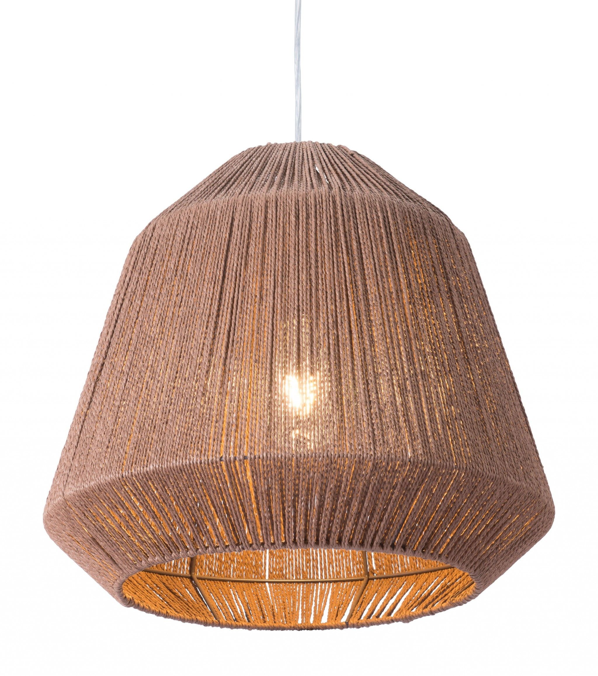 Brown Woven Drum Pendant Light with Stainless Steel Finish