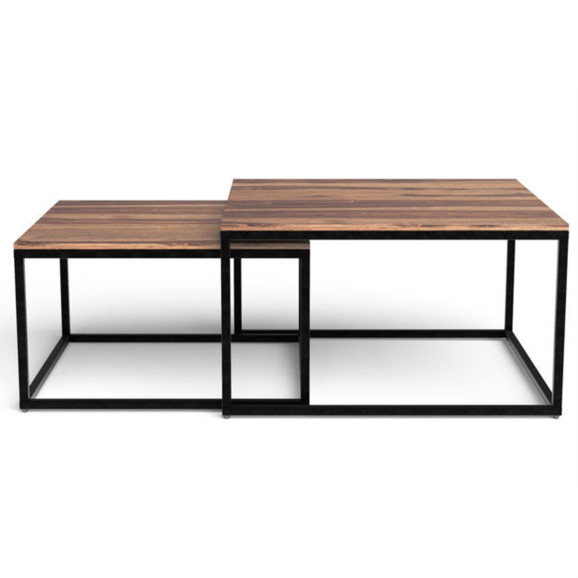 Modern Sheesham Wood Nesting Coffee Table Duo with Black Metal Legs