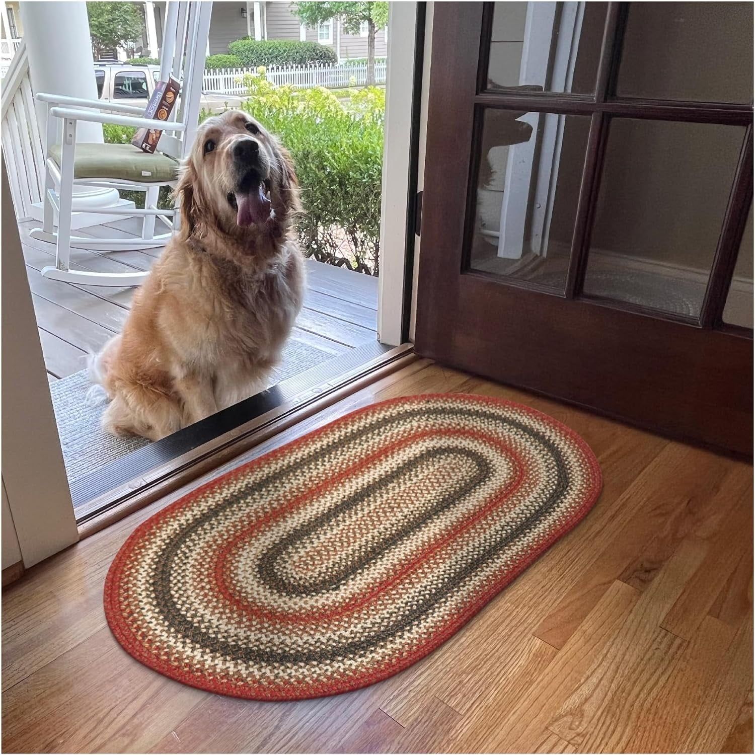 Chester Oval Braided Jute Rug 20" x 30" in Rustic Red, Brown, and Cream