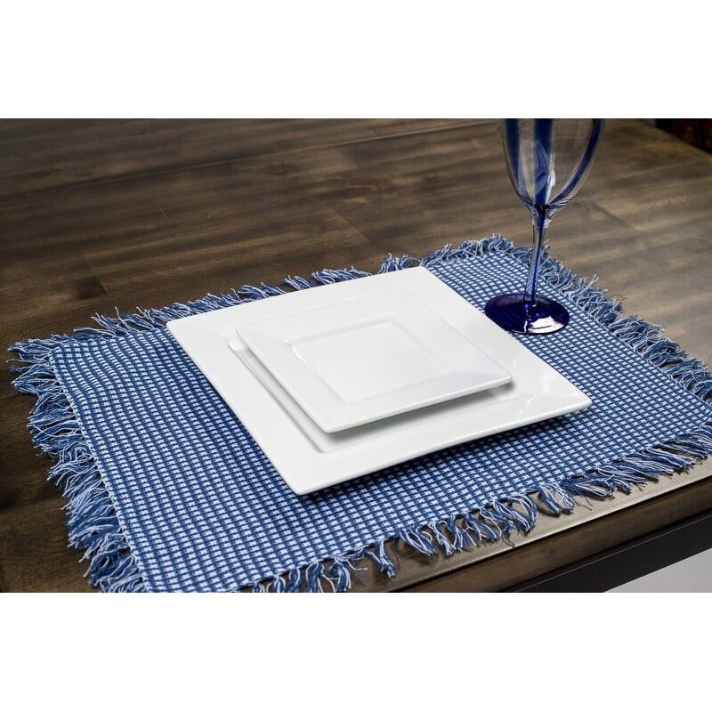 Marine Blue Checkered Cotton Fringed Placemats, Set of 4