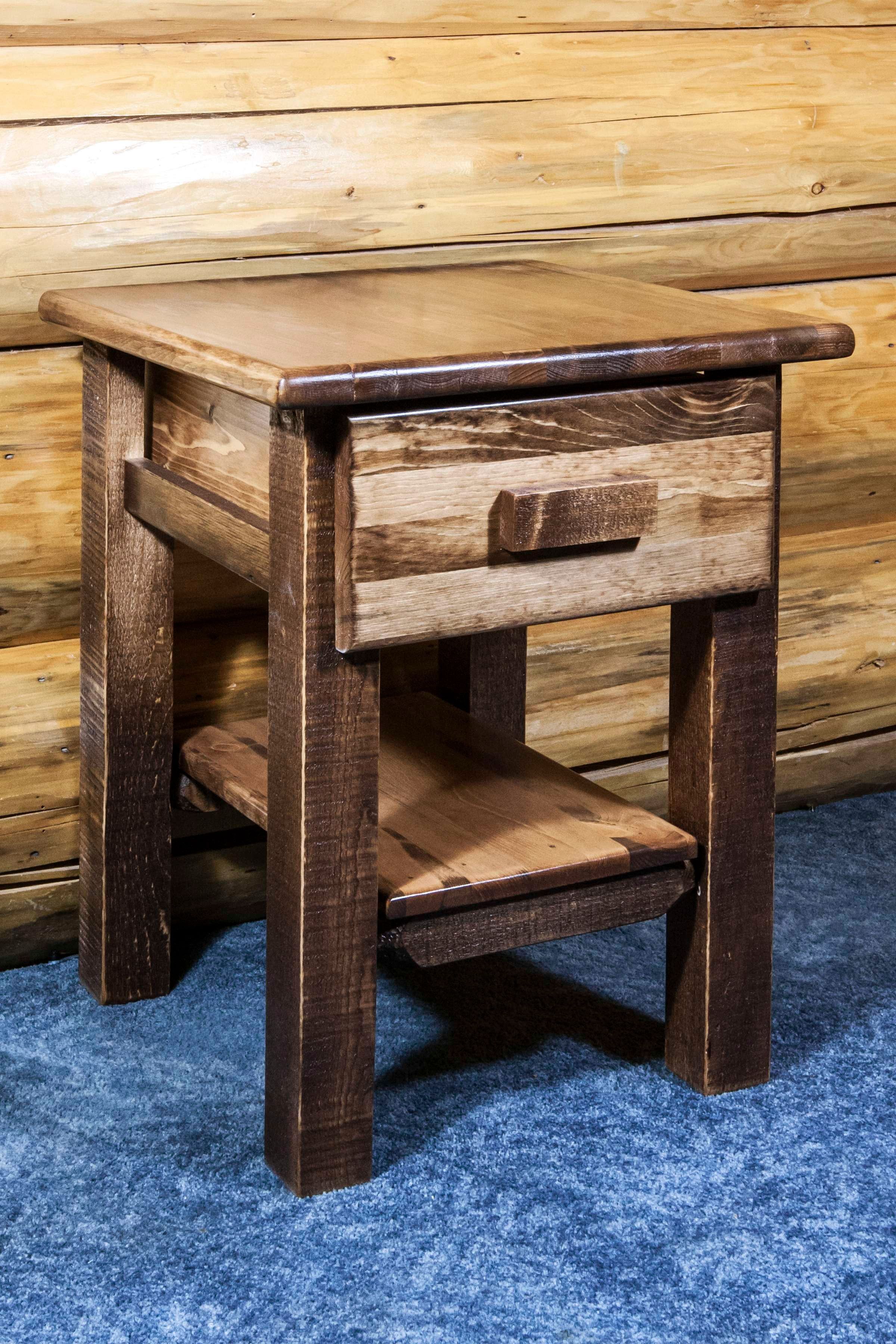 Rustic Pine Wood Nightstand with Drawer and Shelf