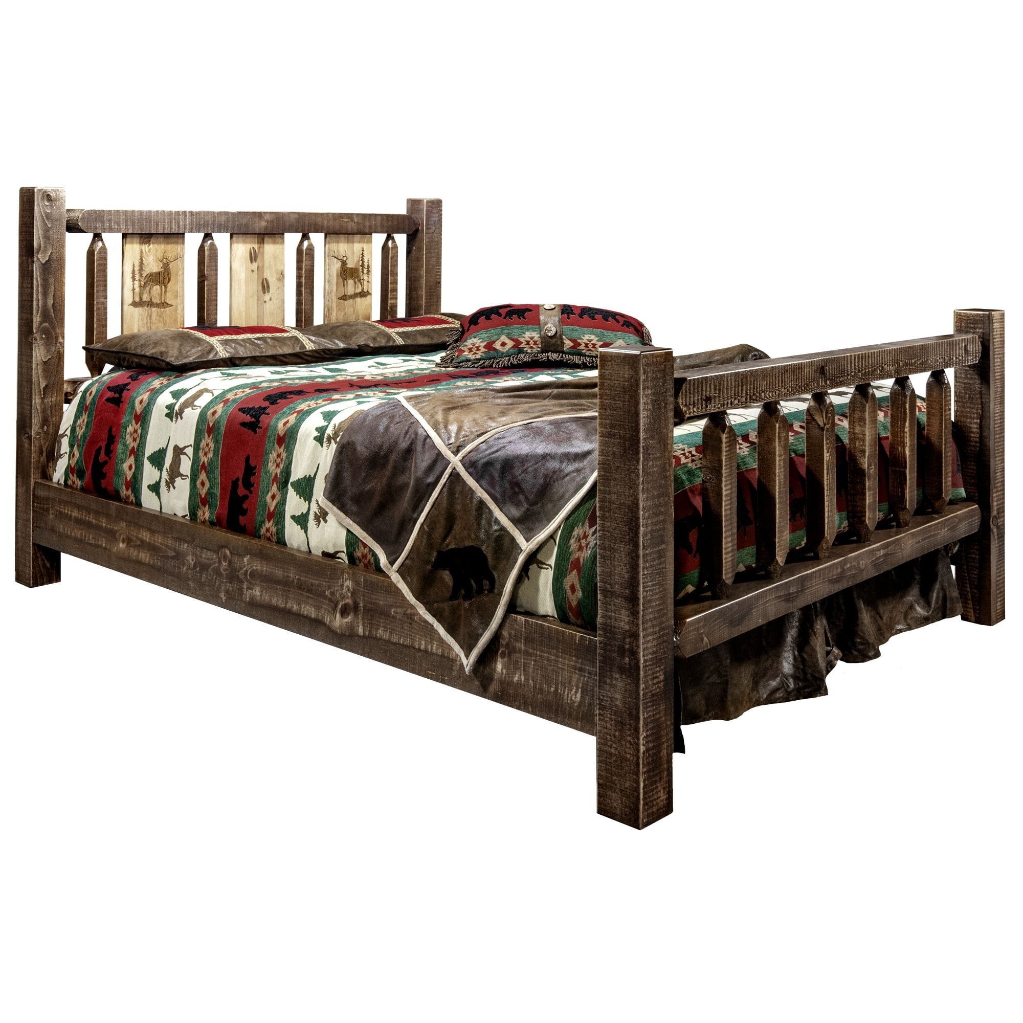 Queen Early American Pine Wood Panel Bed with Elk Motif