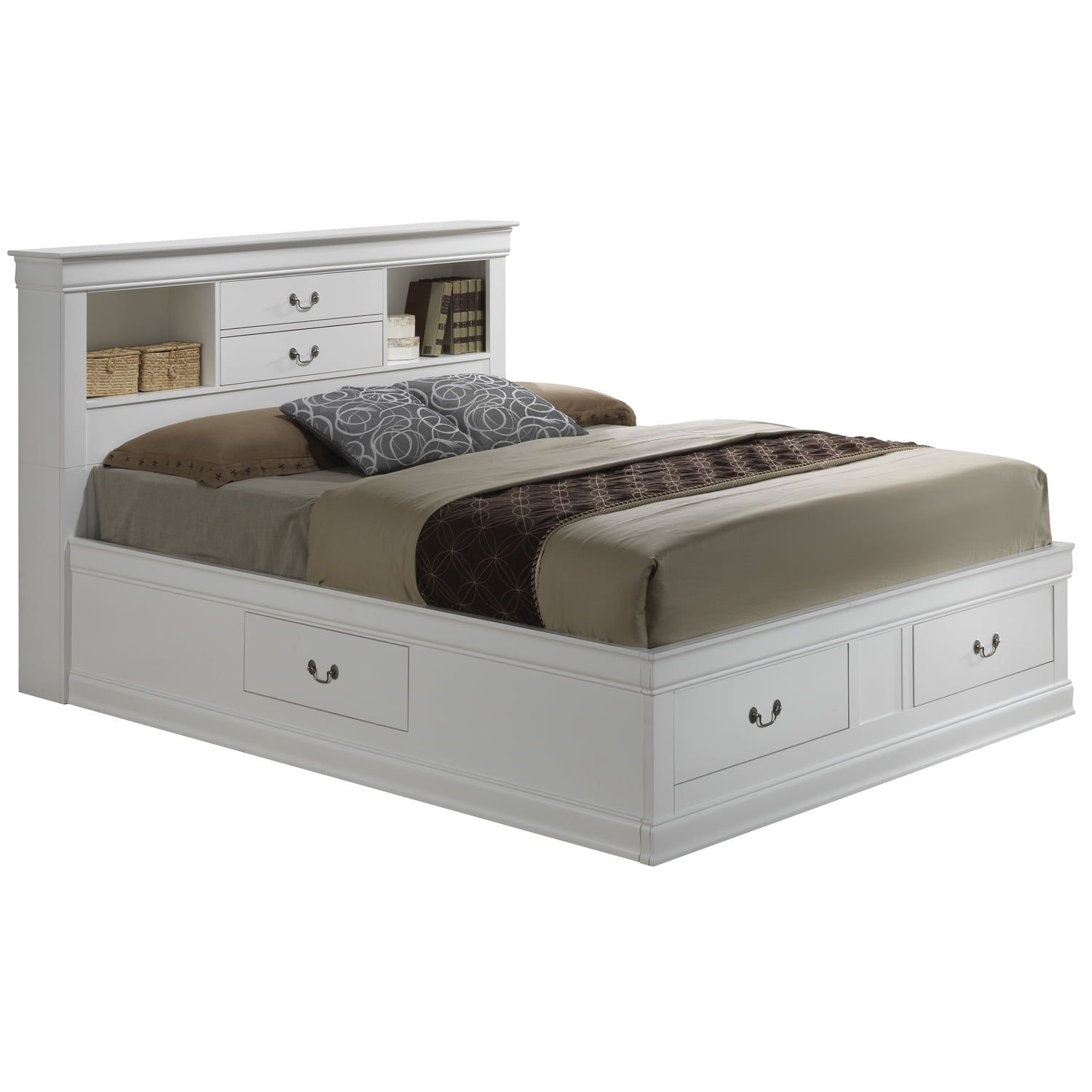 White Queen Wood Storage Bed with Bookcase Headboard and Drawers