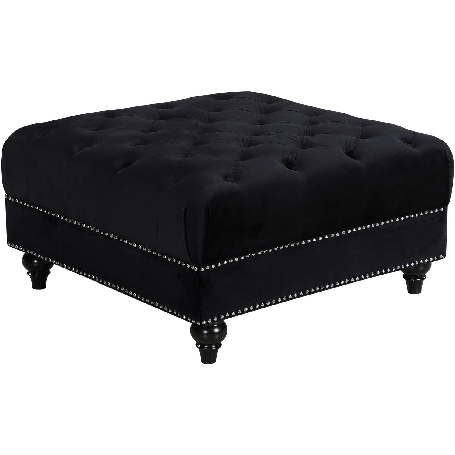 Tufted Black Velvet Ottoman with Wooden Legs, 34.5"