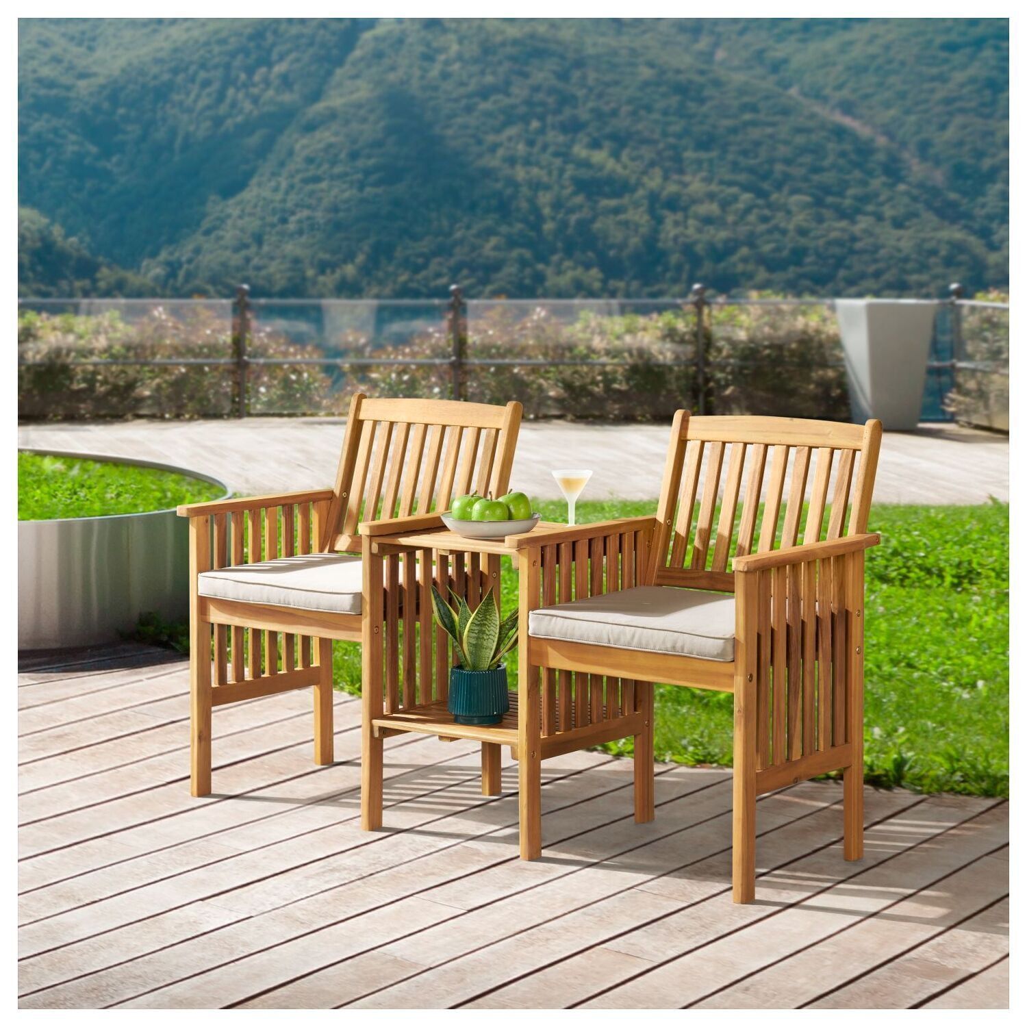 Natural Acacia Wood Outdoor Double Seat Bench with Table