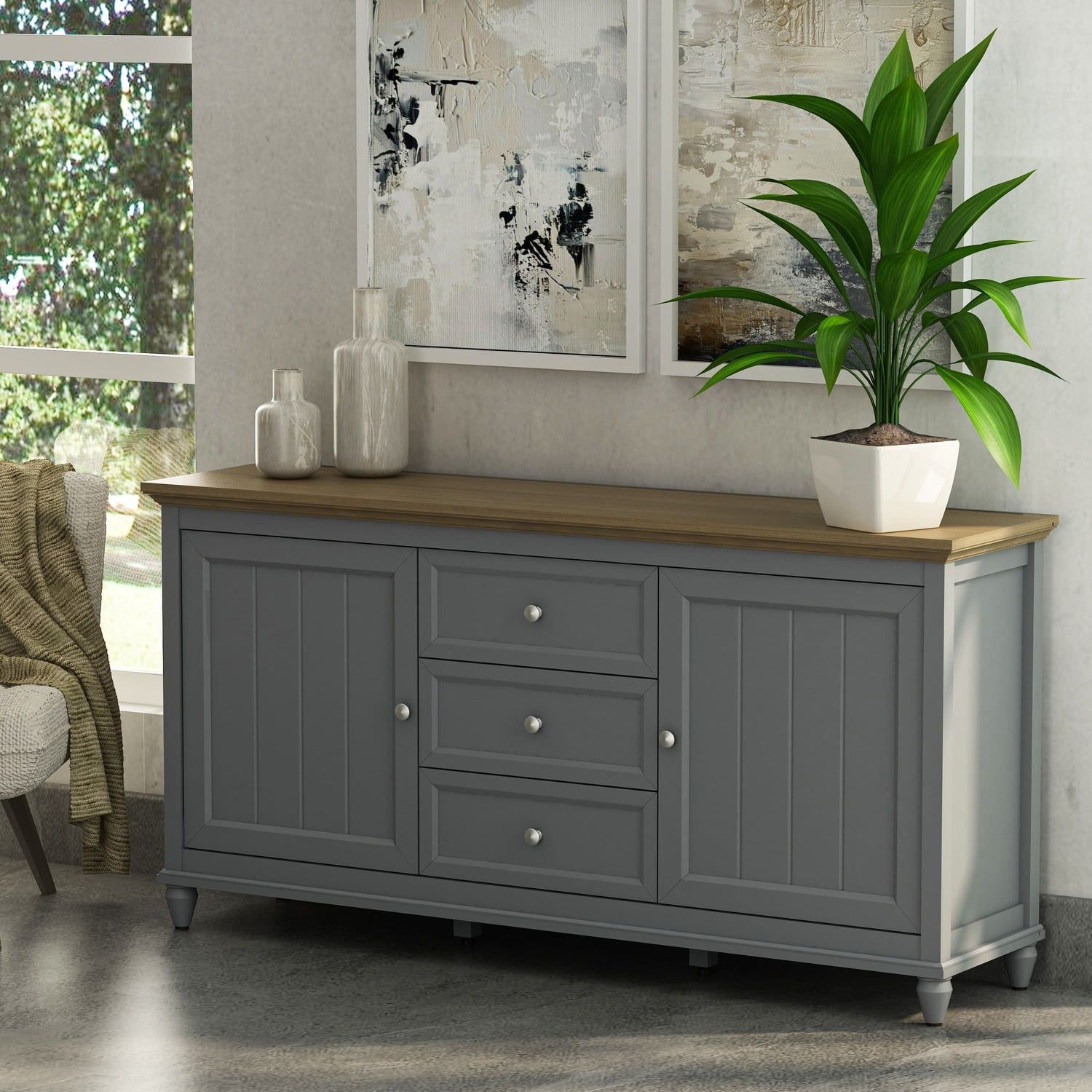 Gray and Brown 63'' Soft-Close Sideboard