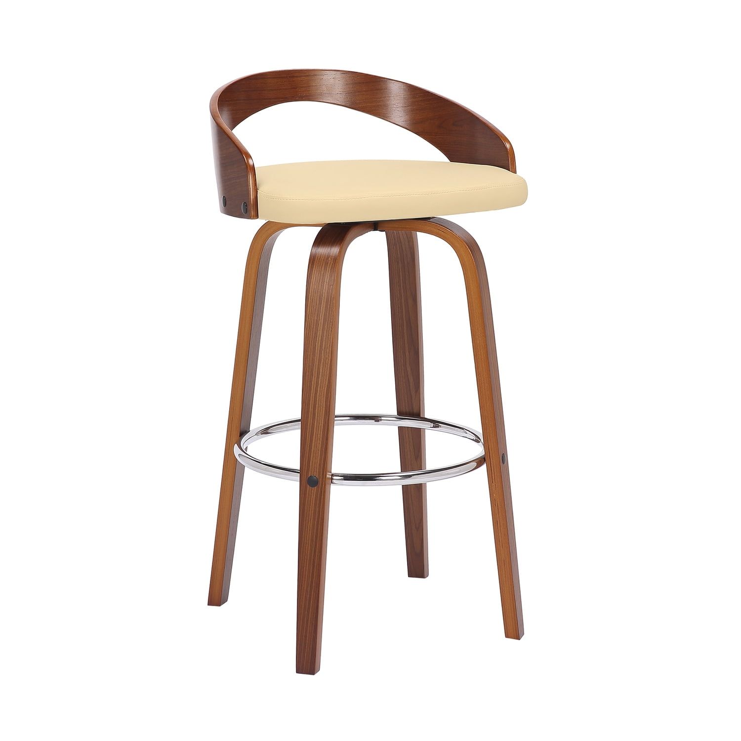 Cream Faux Leather and Walnut Wood Swivel Bar Stool