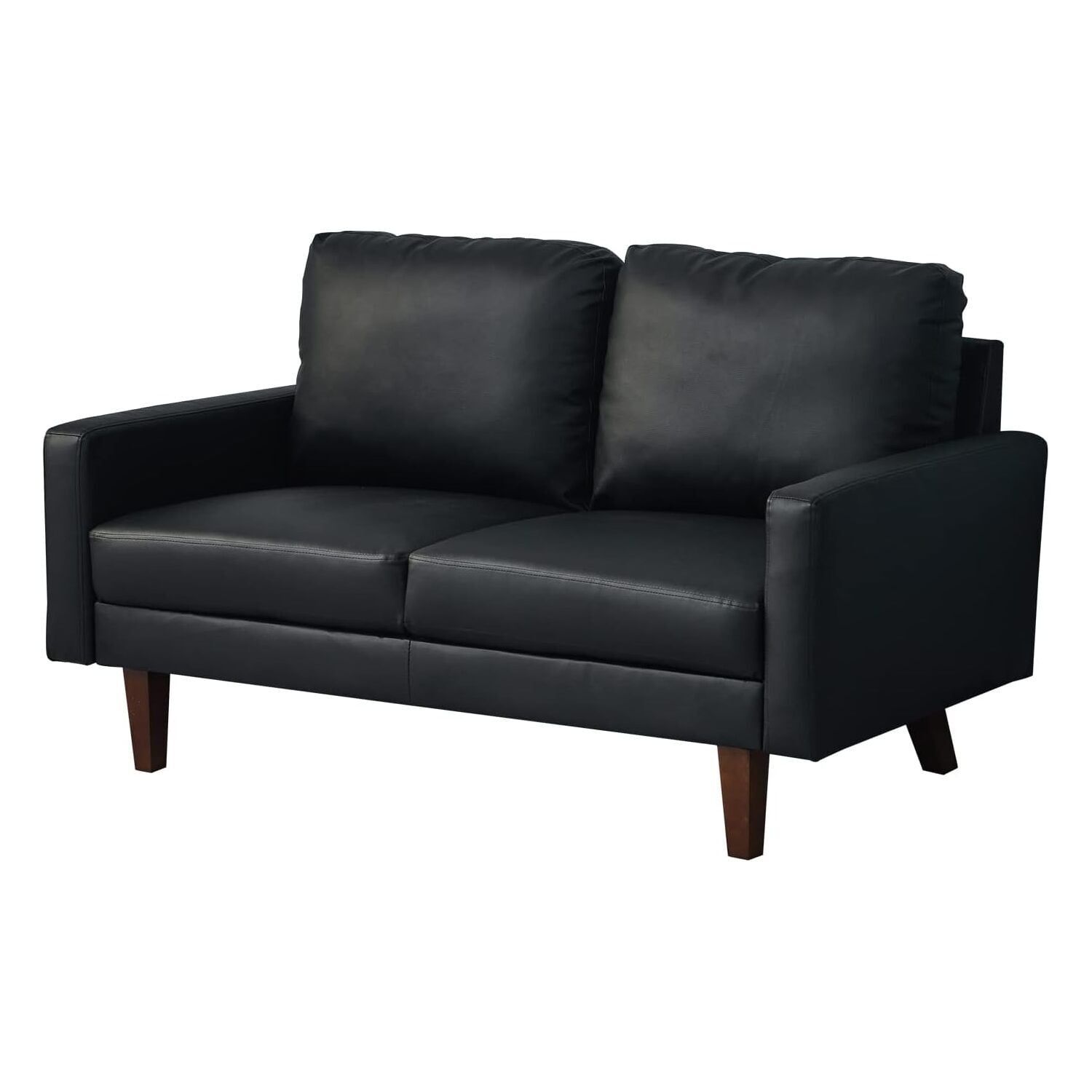 Black Faux Leather Loveseat with Wooden Legs and Track Arms