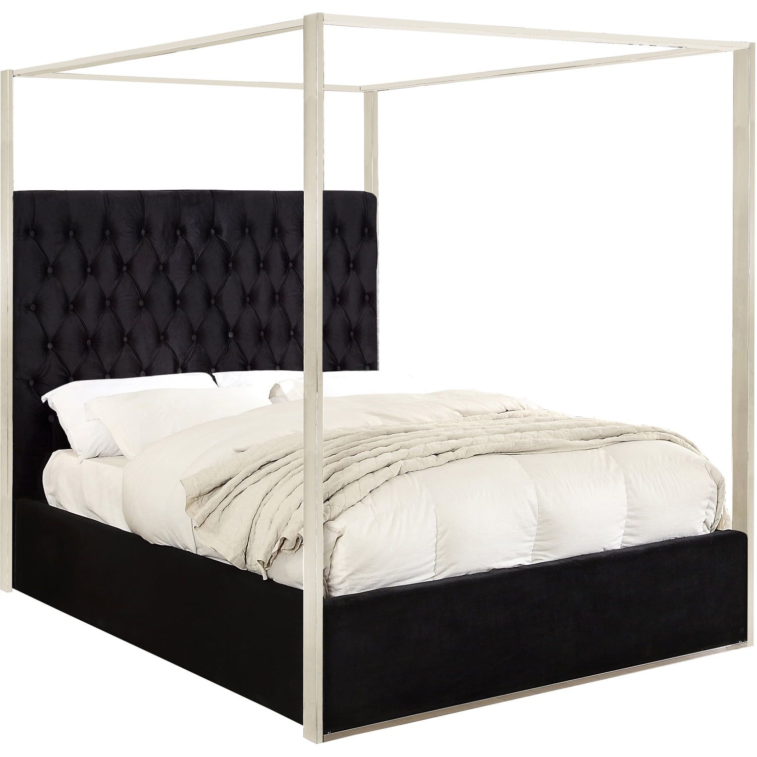 Porter Black Velvet Upholstered Queen Canopy Bed