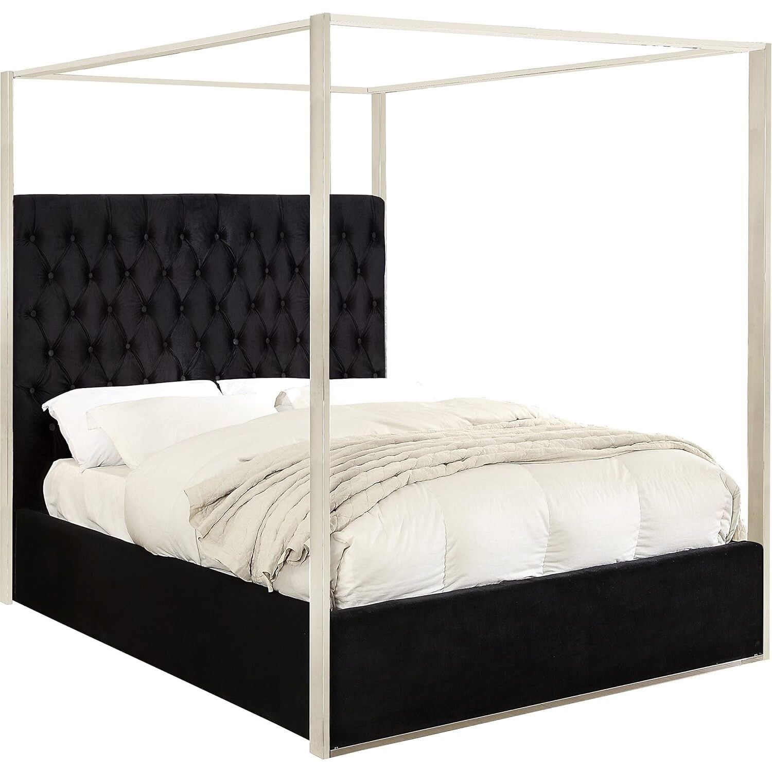 Porter Black Velvet Upholstered Queen Canopy Bed