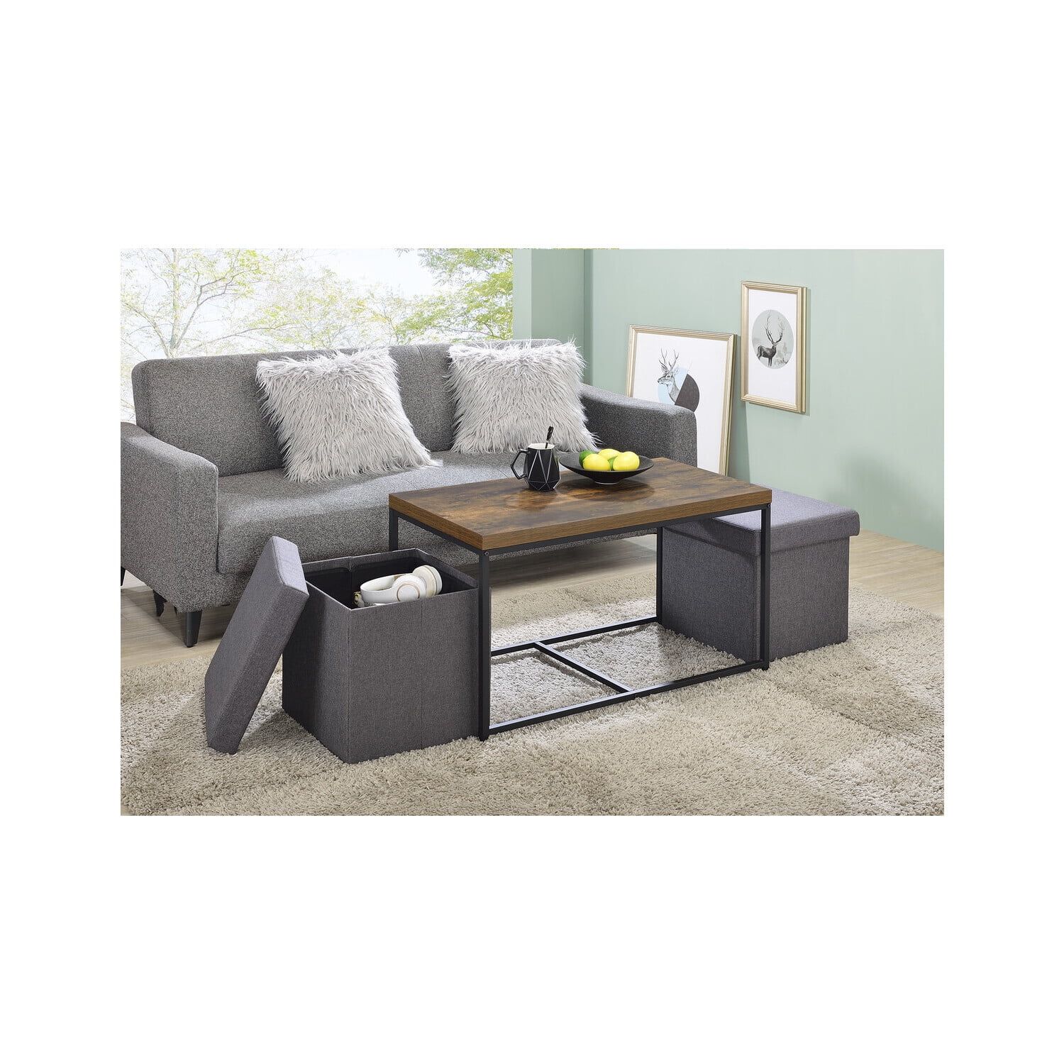 Brown Wood Grain Coffee Table Set with Storage Stools